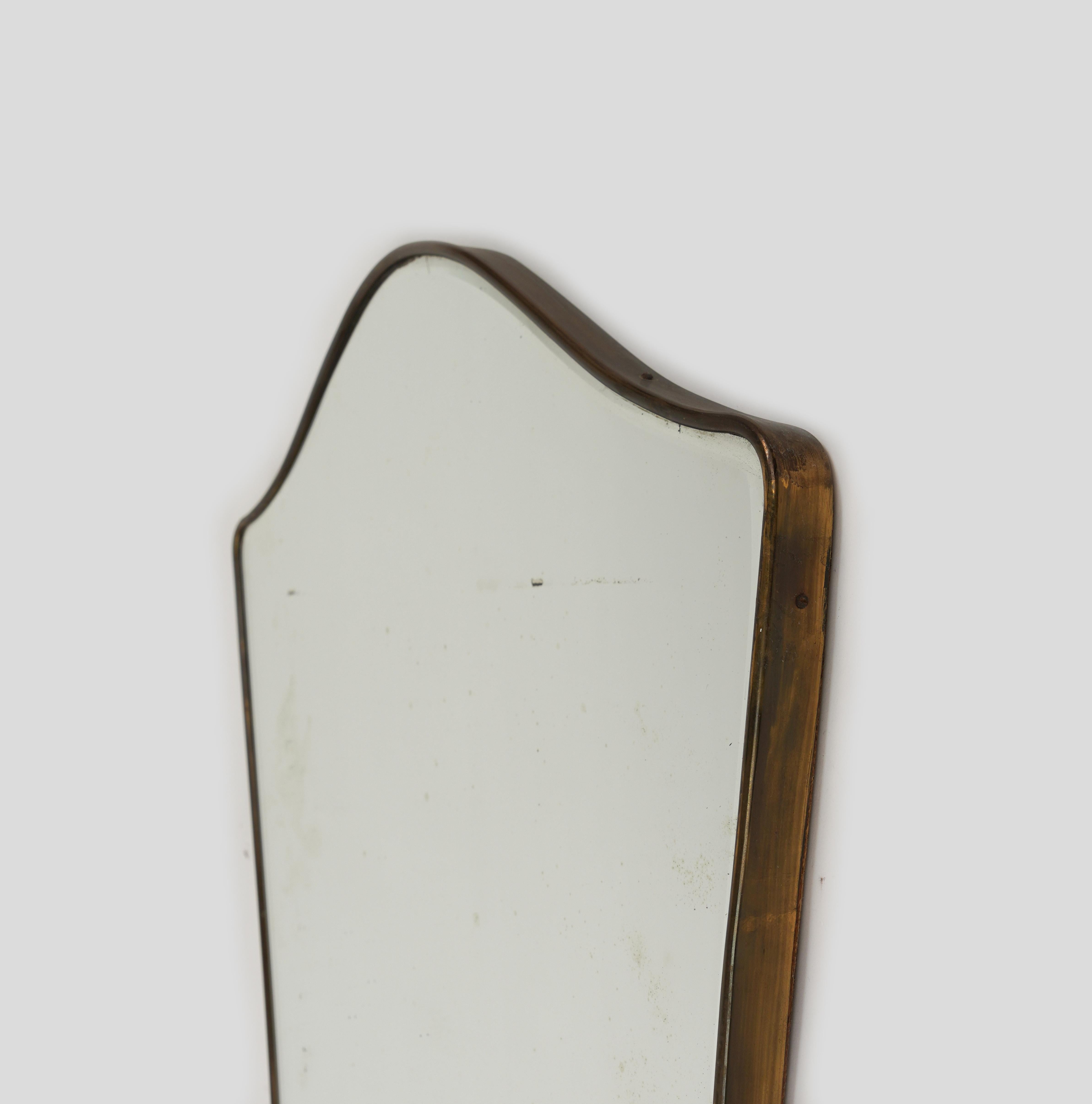 Metal Midcentury Wall Shield Mirror with Brass Gio Ponti Style, Italy 1950s