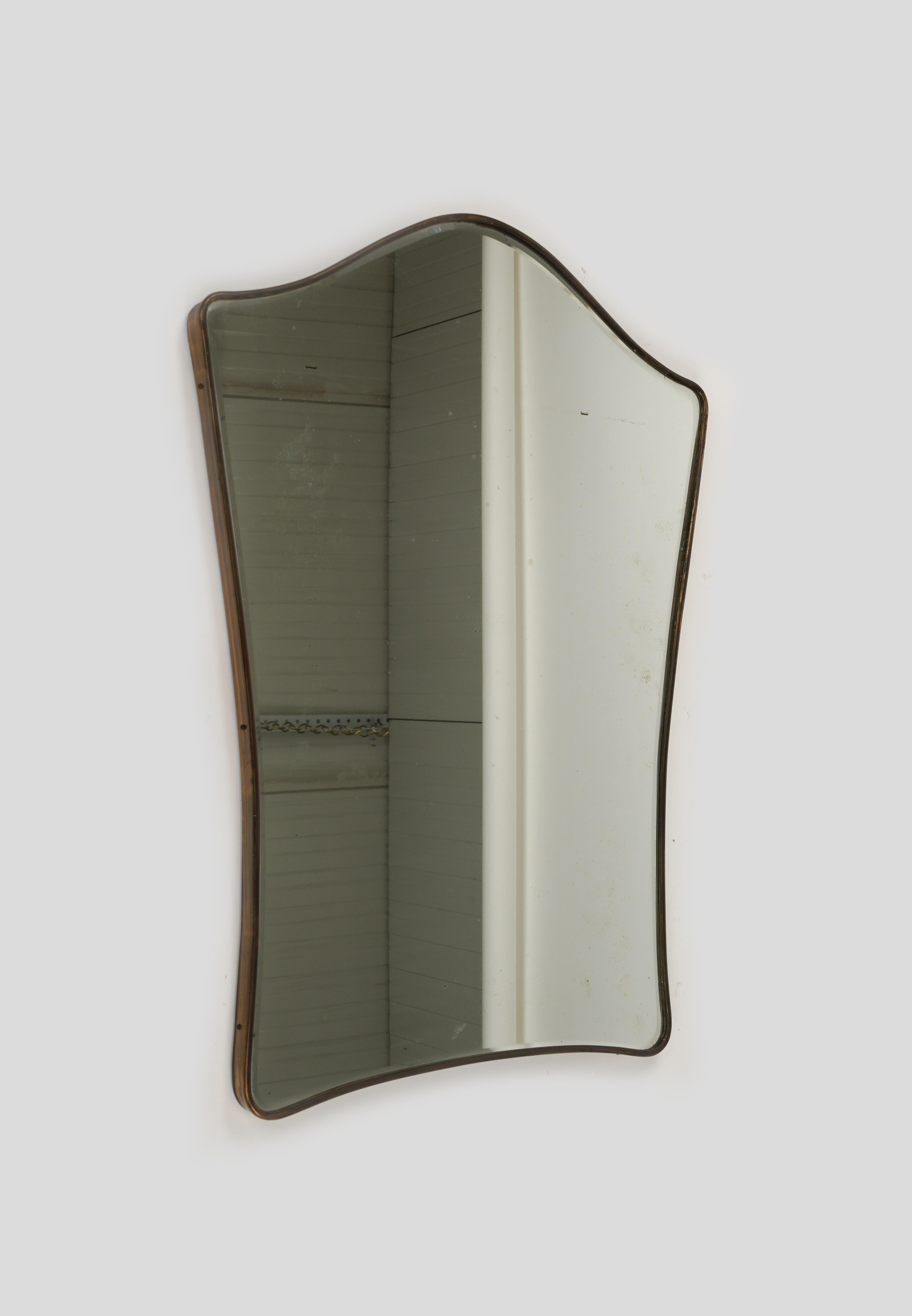 Midcentury Wall Shield Mirror with Brass Gio Ponti Style, Italy 1950s 1
