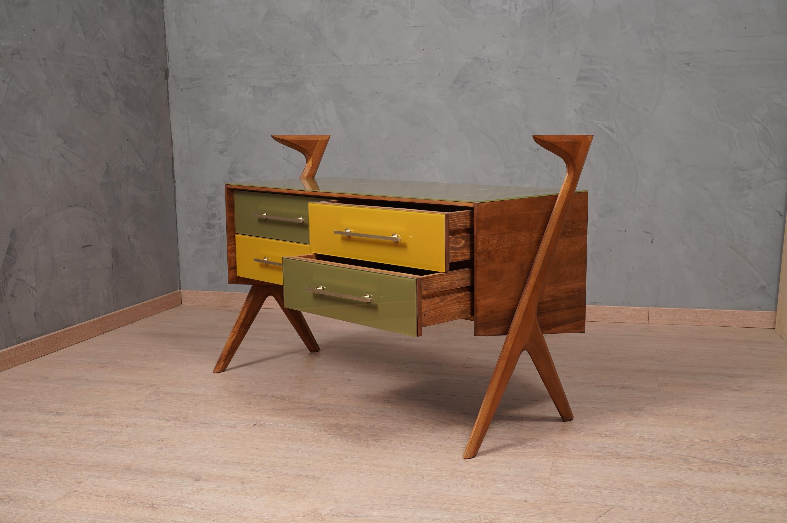 Mid-20th Century MidCentury Walnut and Art Glass Italian Commodes, 1950 For Sale