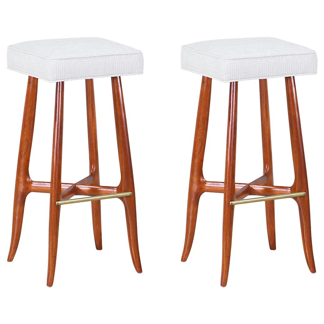 Midcentury Walnut and Brass Bar Stools For Sale at 1stdibs