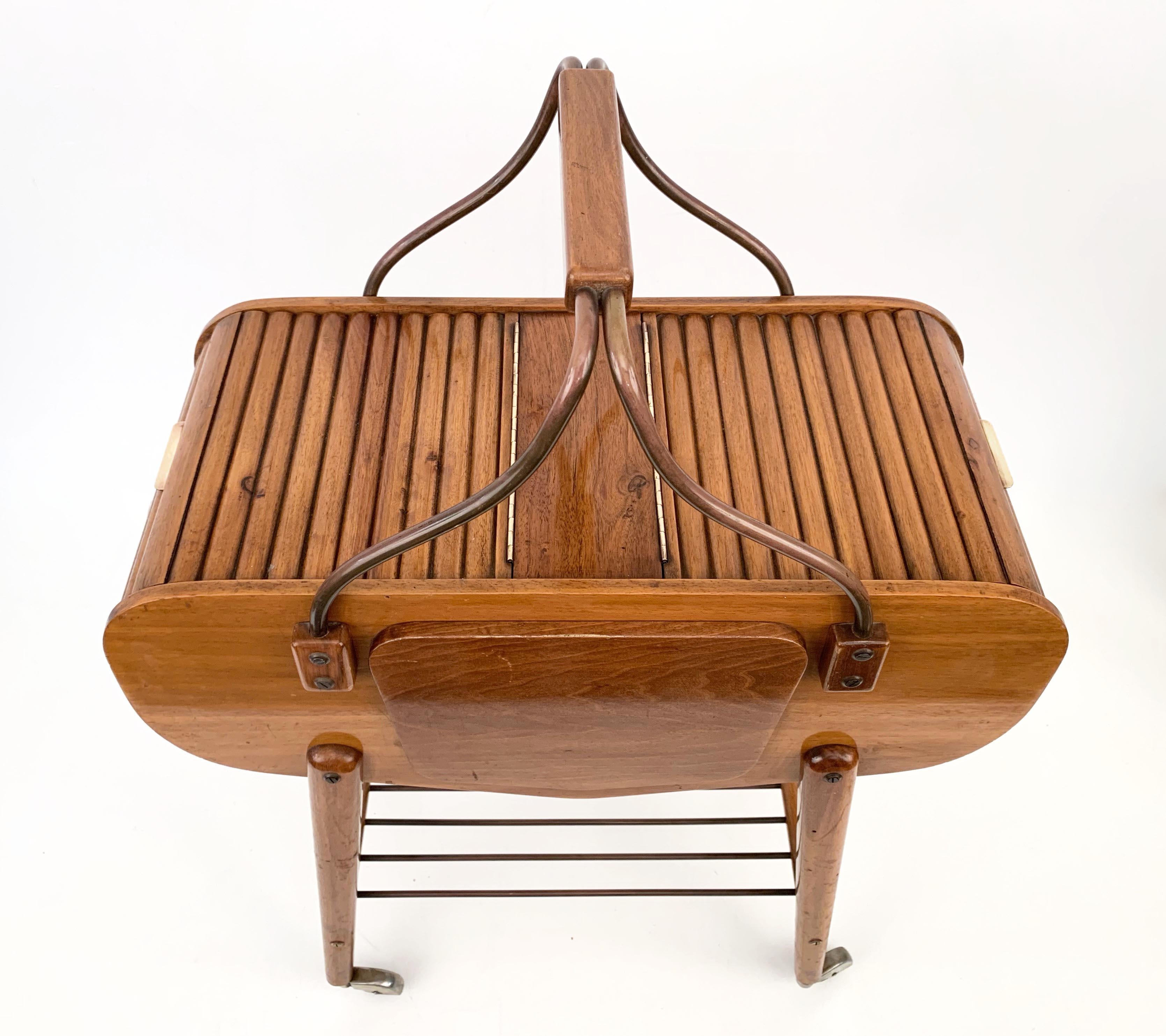  Midcentury Walnut and Brass Italian Work Table with Wheels, 1940s For Sale 5