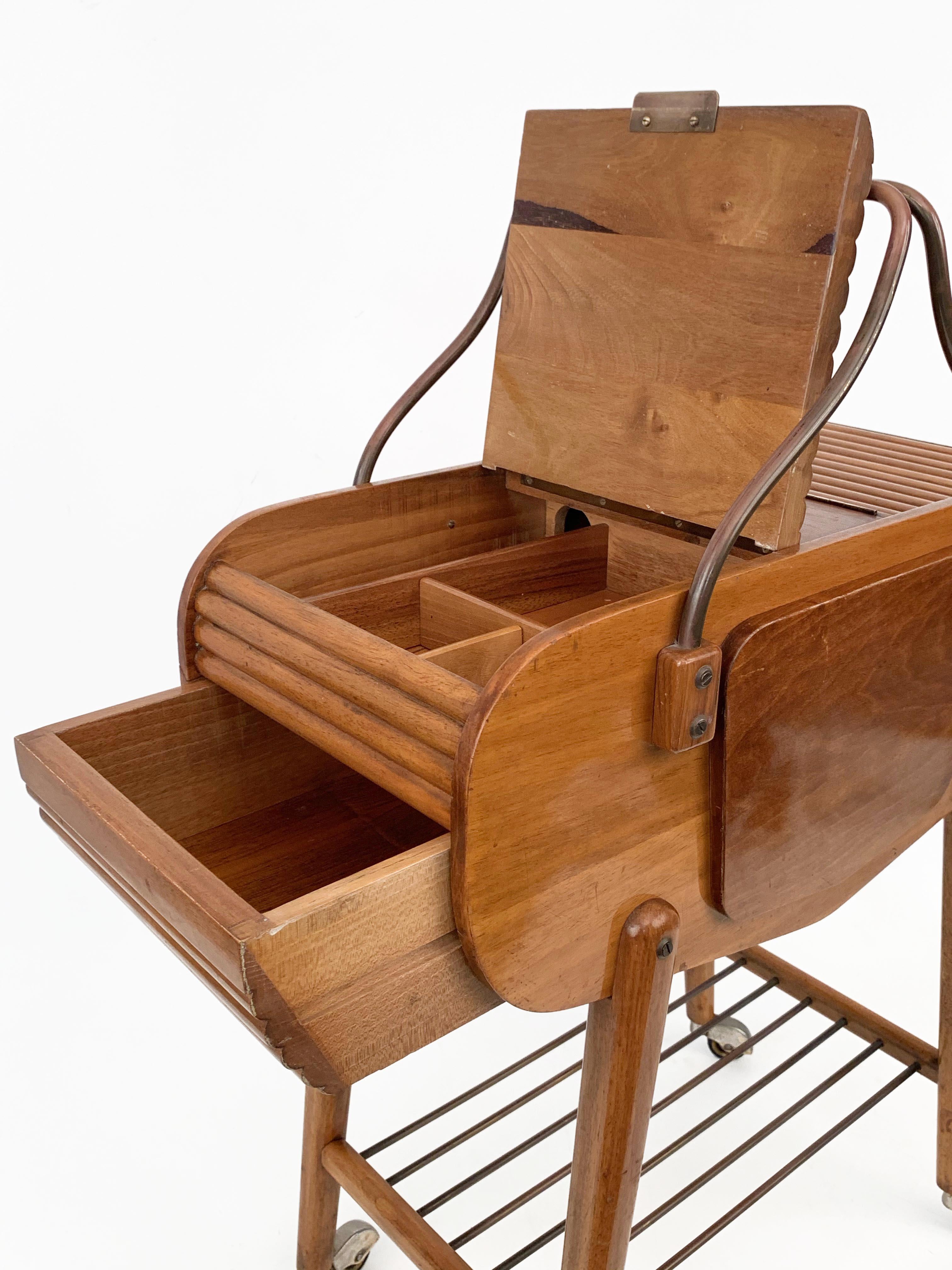  Midcentury Walnut and Brass Italian Work Table with Wheels, 1940s For Sale 9