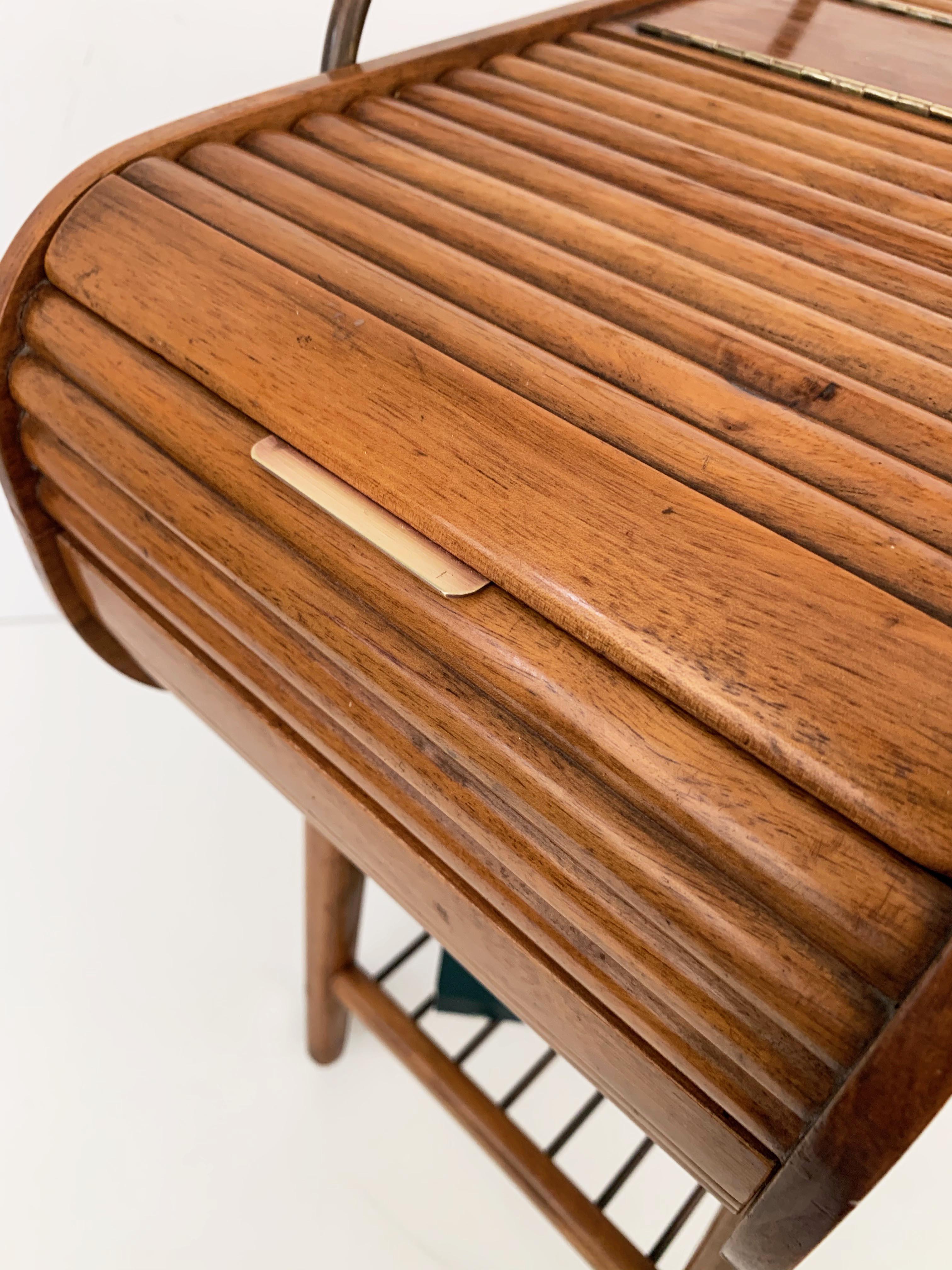  Midcentury Walnut and Brass Italian Work Table with Wheels, 1940s For Sale 11