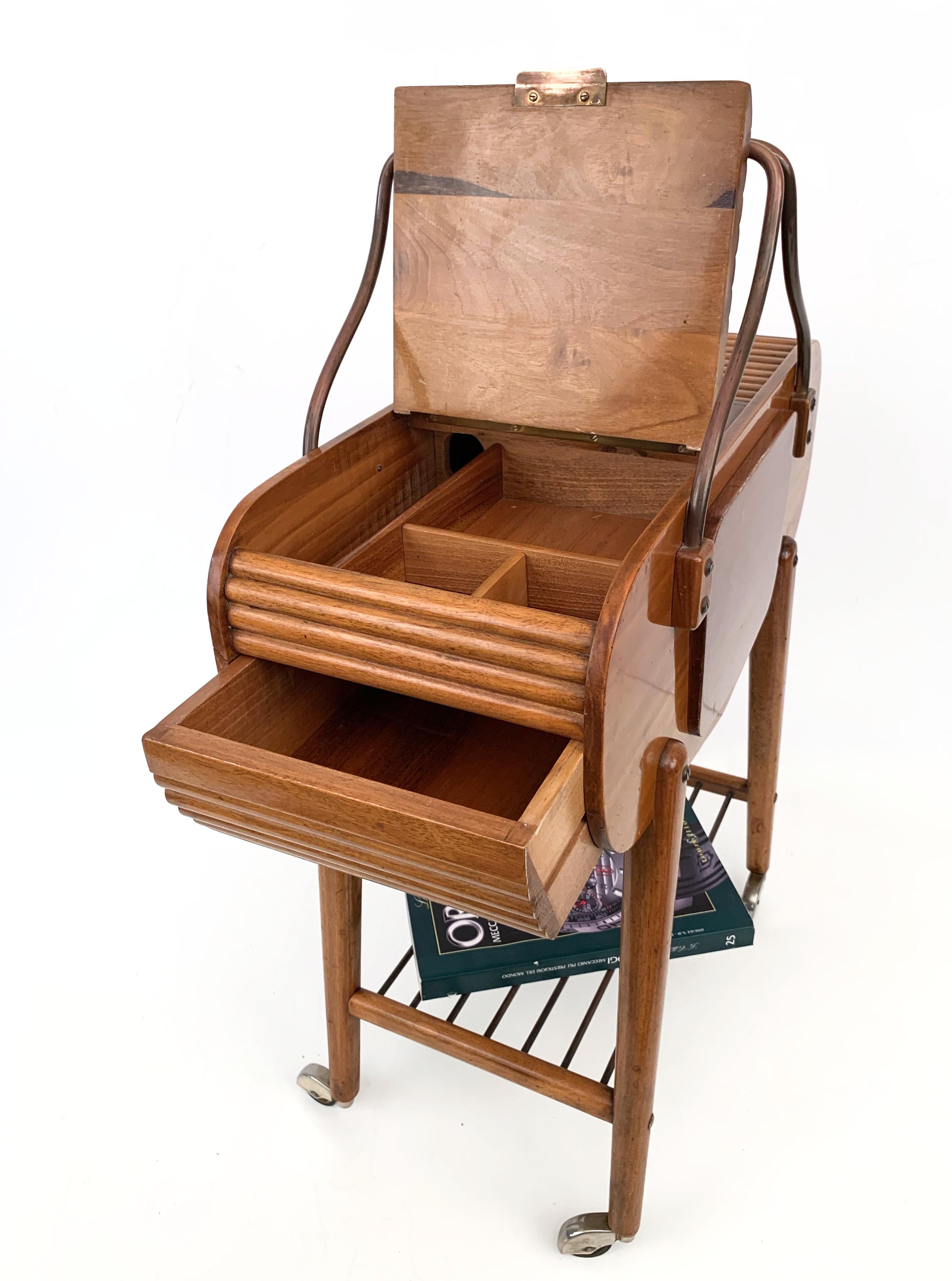  Midcentury Walnut and Brass Italian Work Table with Wheels, 1940s For Sale 13