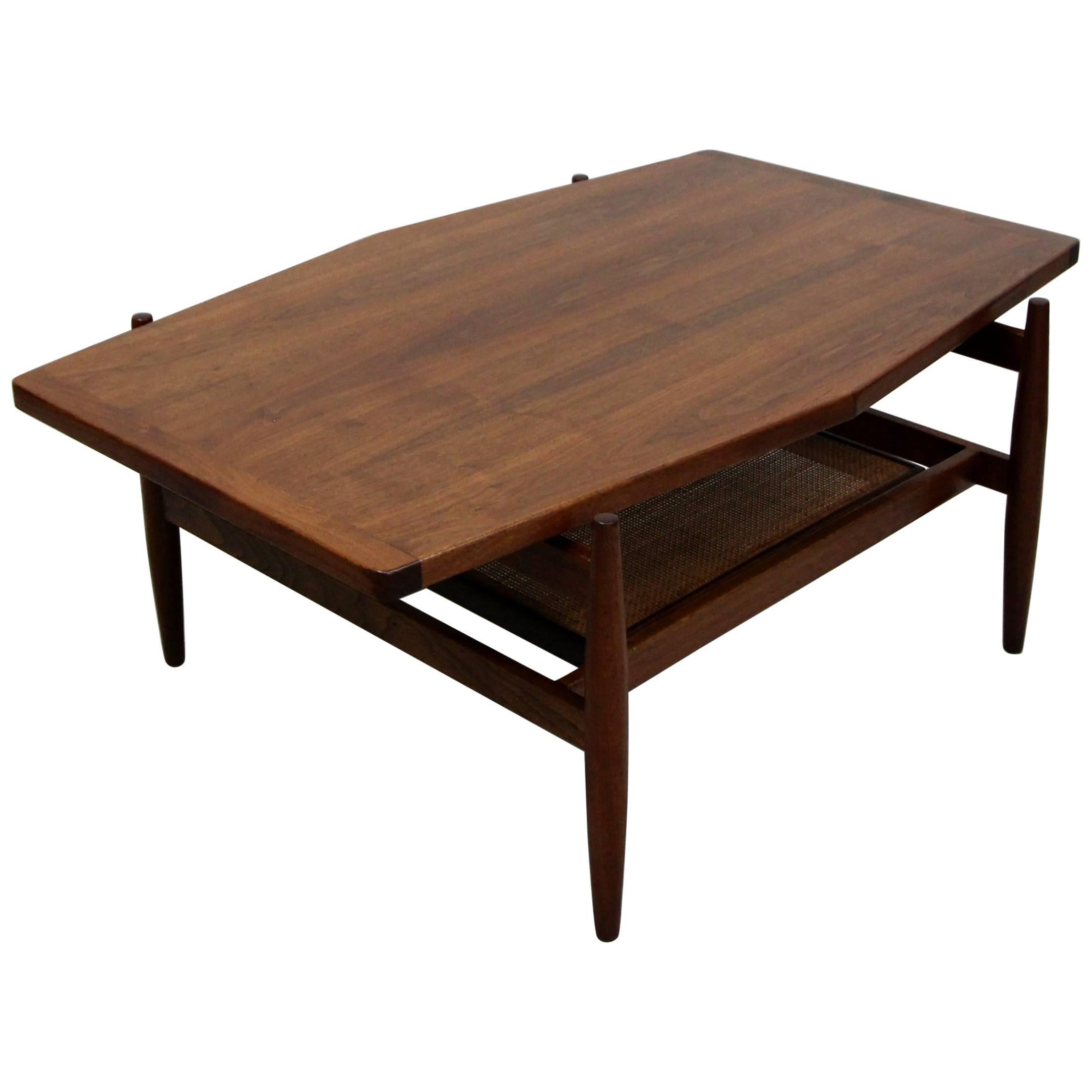 Midcentury Walnut and Cane Coffee Table by Jens Risom