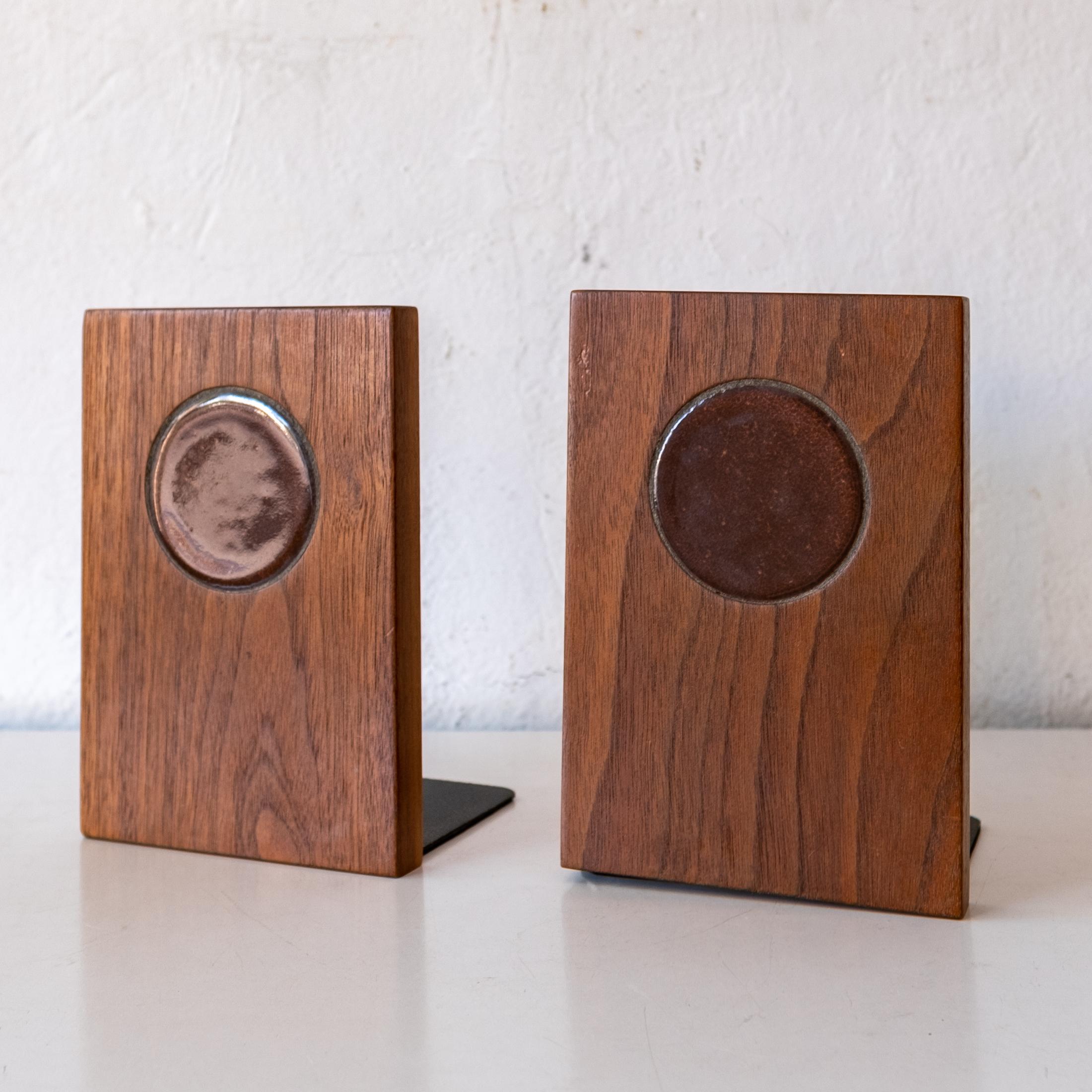 American Midcentury Walnut and Ceramic Tile and Bookends For Sale