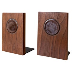 Vintage Midcentury Walnut and Ceramic Tile and Bookends