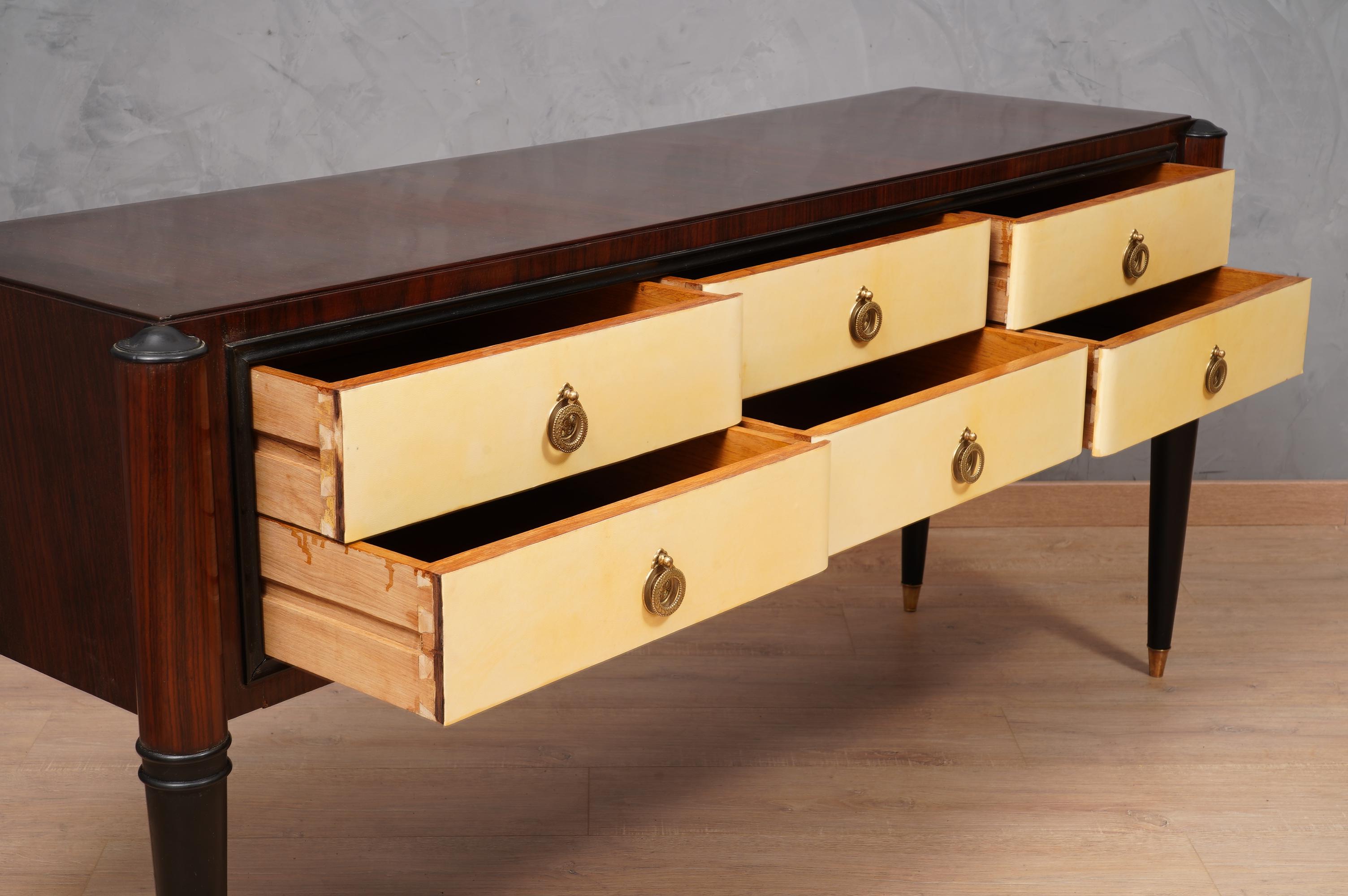 Mid-Century Modern MidCentury Walnut and Goatskin Italian Style Commodes and Chests of Drawer, 1950 For Sale