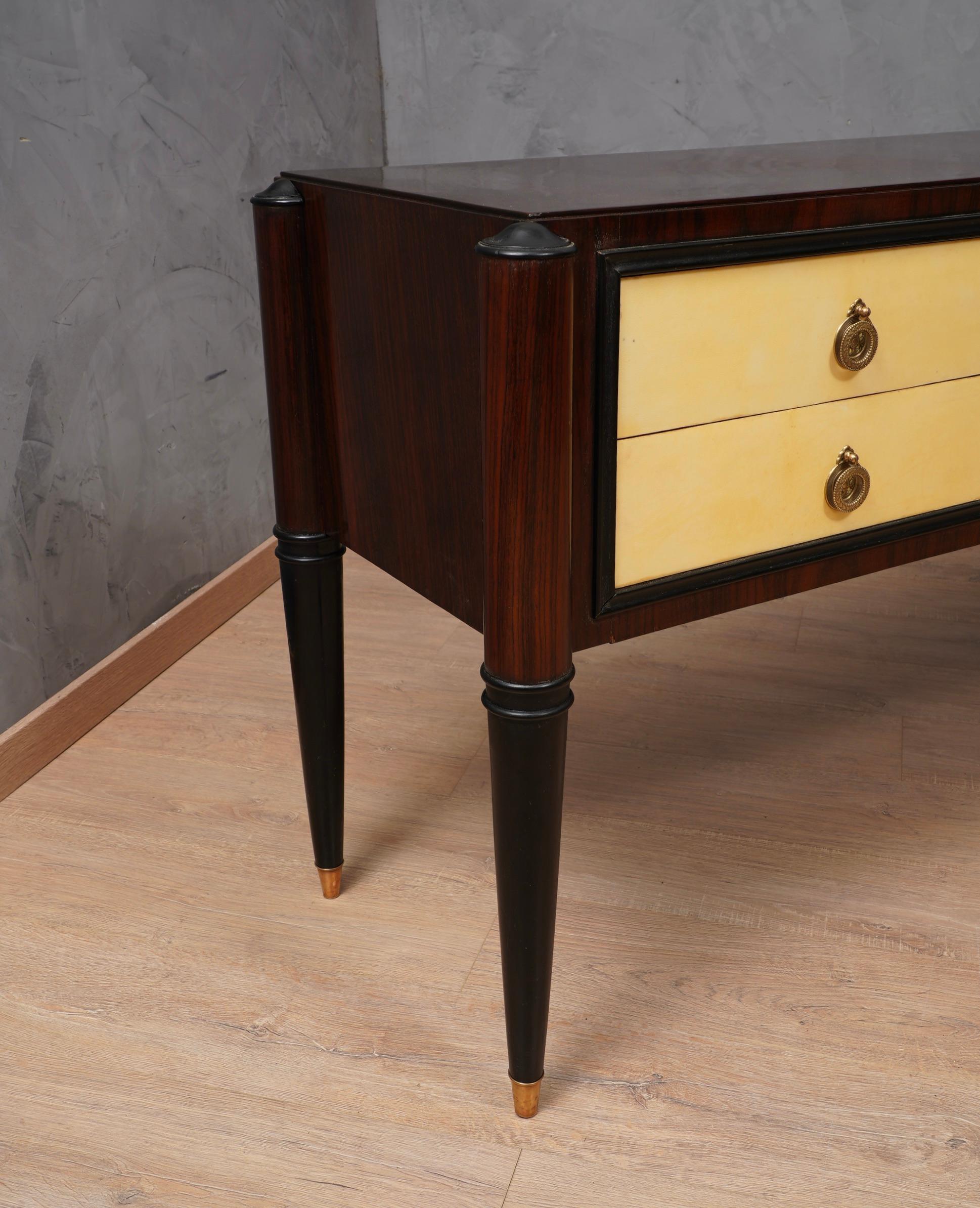 Brass MidCentury Walnut and Goatskin Italian Style Commodes and Chests of Drawer, 1950 For Sale