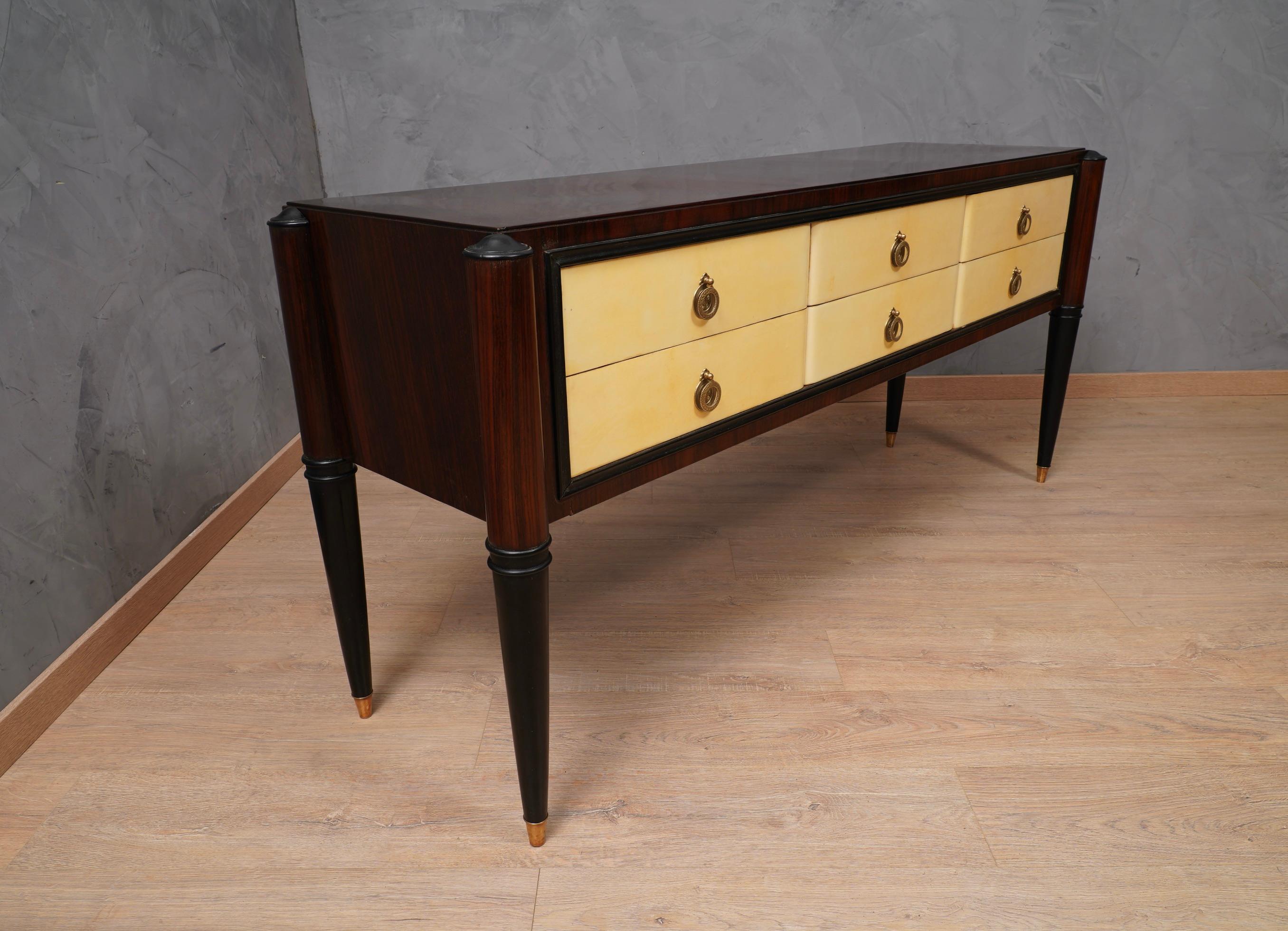 MidCentury Walnut and Goatskin Italian Style Commodes and Chests of Drawer, 1950 For Sale 1