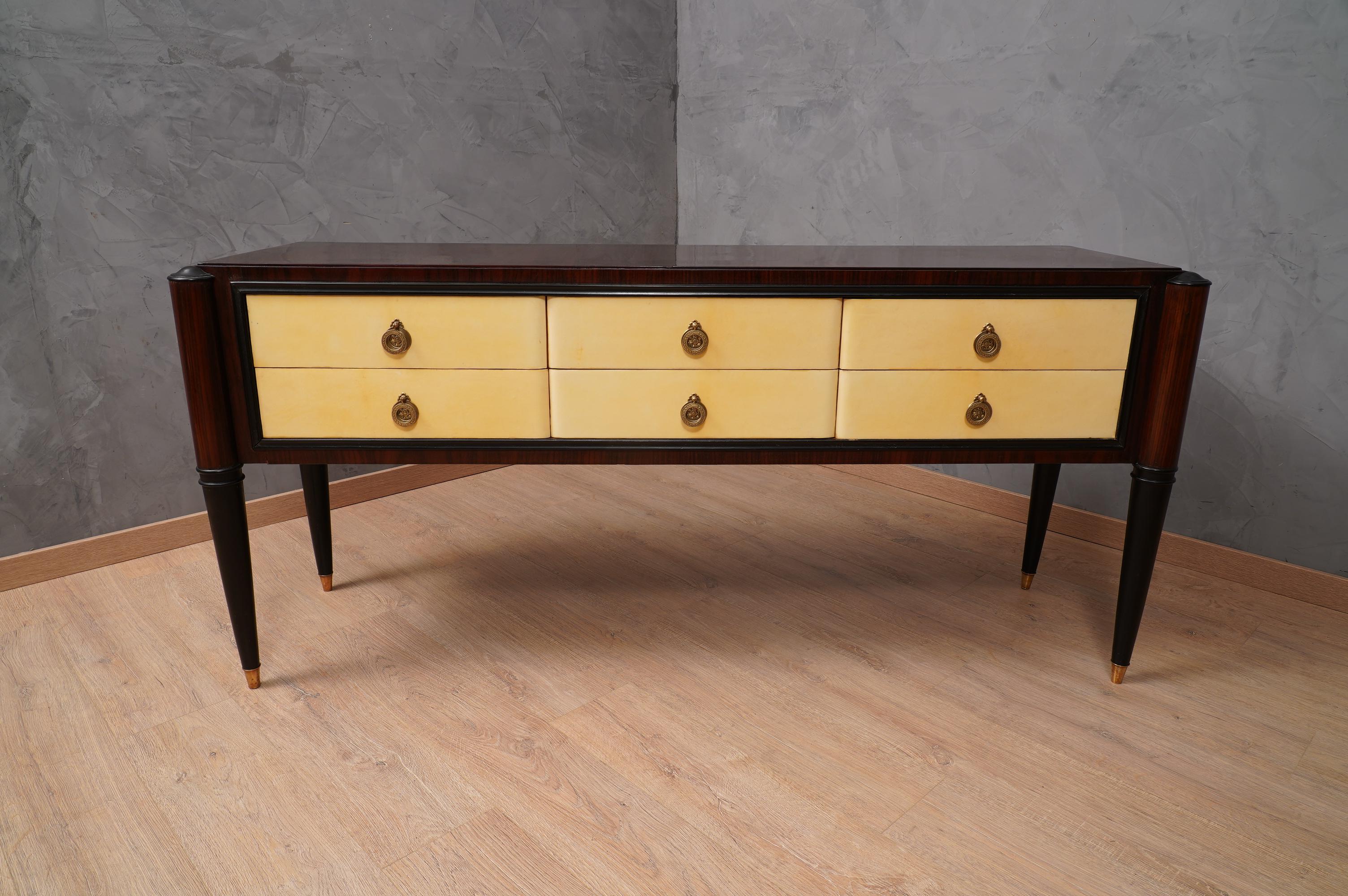 MidCentury Walnut and Goatskin Italian Style Commodes and Chests of Drawer, 1950 For Sale 2