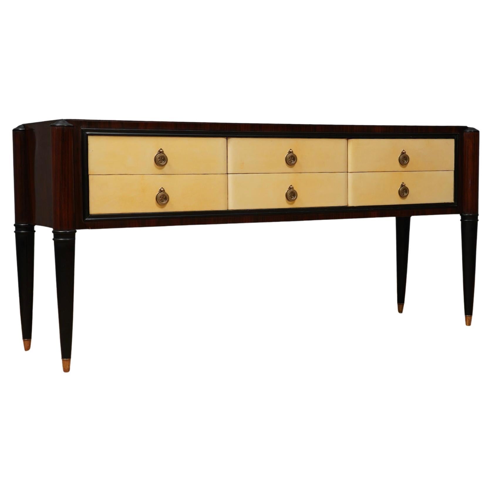 MidCentury Walnut and Goatskin Italian Style Commodes and Chests of Drawer, 1950 For Sale