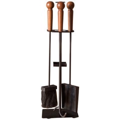 Retro Midcentury Walnut and Iron Fireplace Tool Set