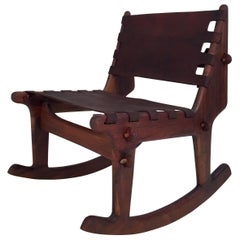 Retro Midcentury Walnut and Leather Rocking Chair by A. Pazmino, Ecuador, circa 1960