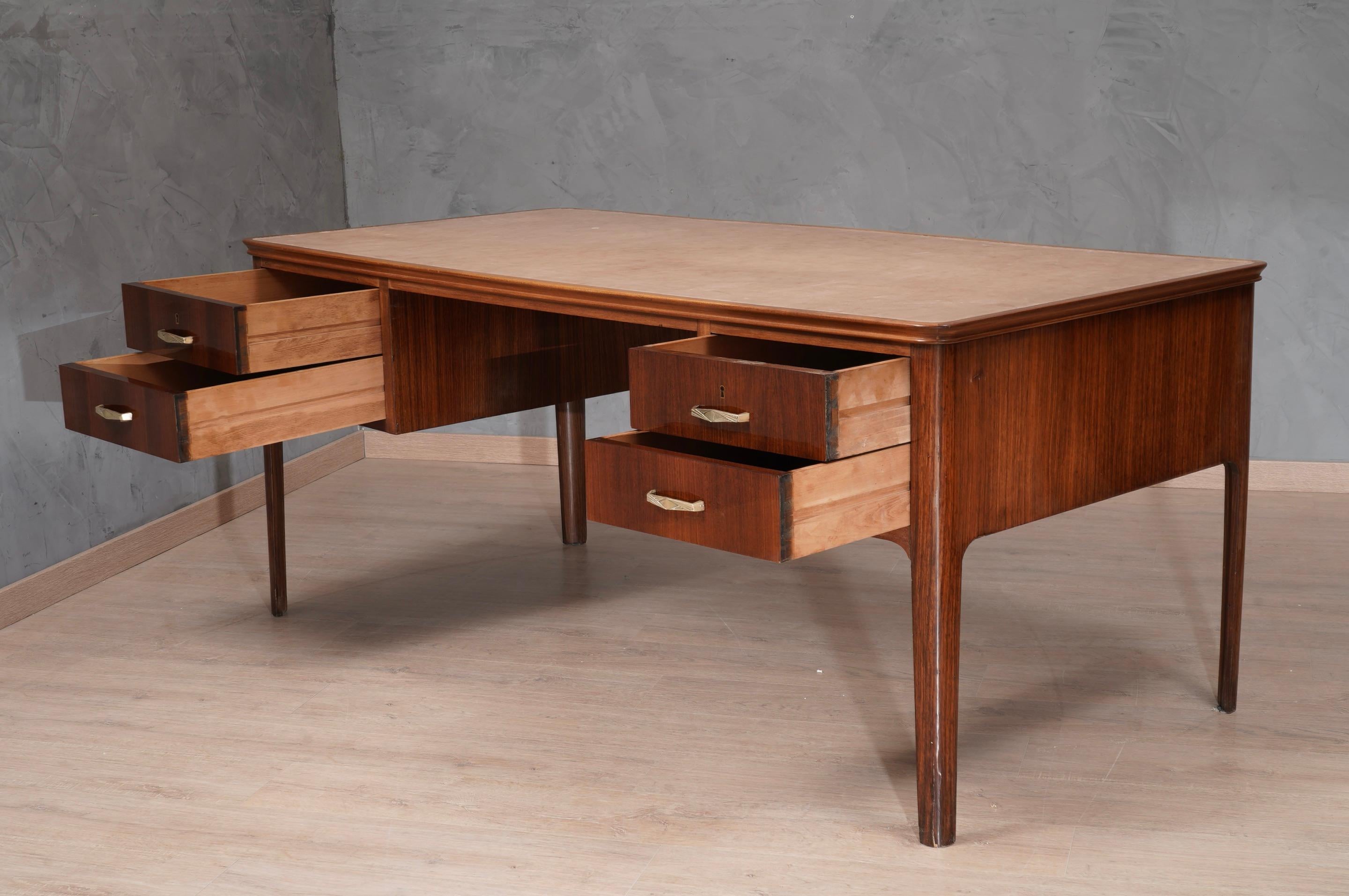 Mid-Century Modern Midcentury Walnut and Leather Italian Writing Desk, 1950 For Sale