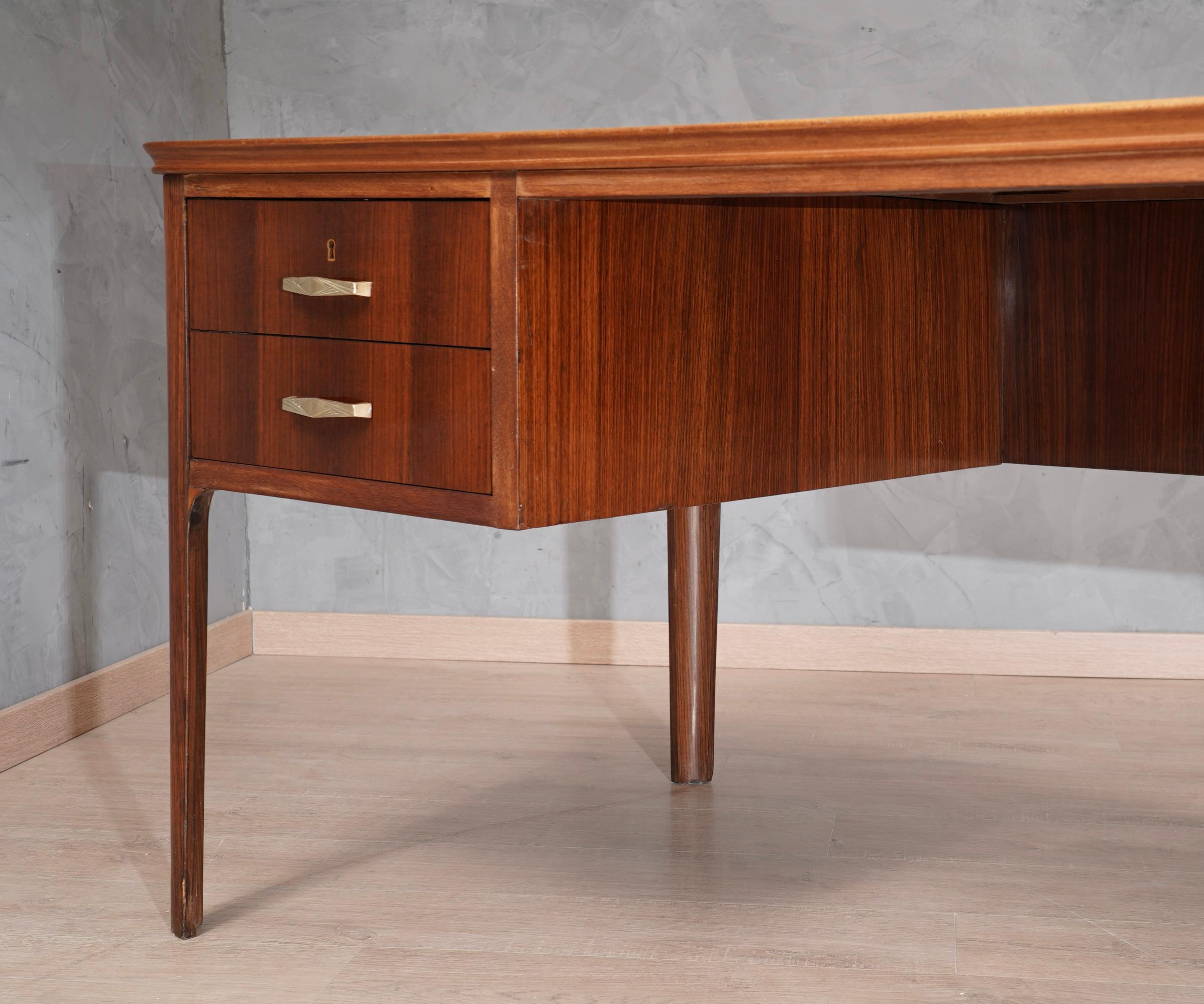 Mid-20th Century Midcentury Walnut and Leather Italian Writing Desk, 1950 For Sale