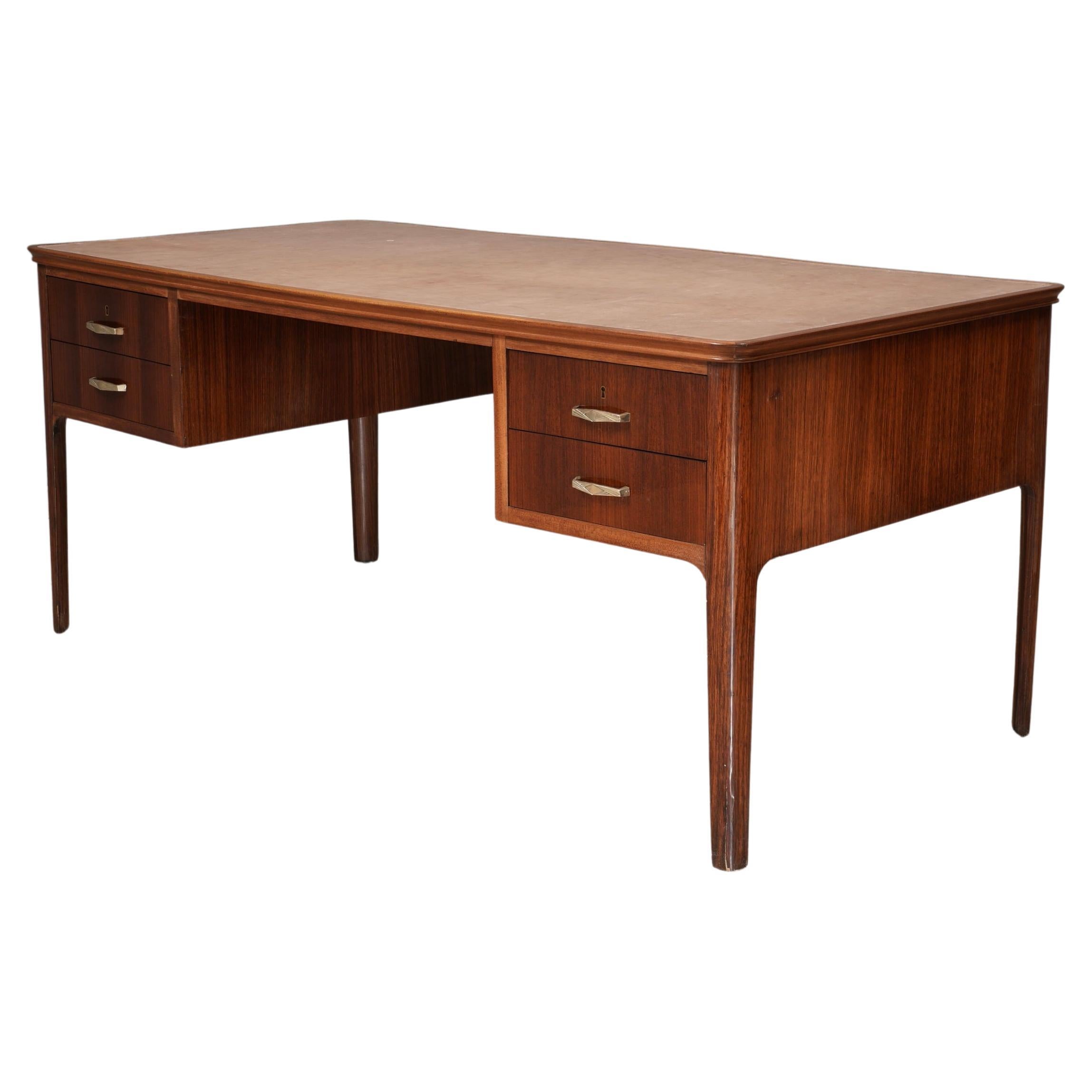 Midcentury Walnut and Leather Italian Writing Desk, 1950 For Sale