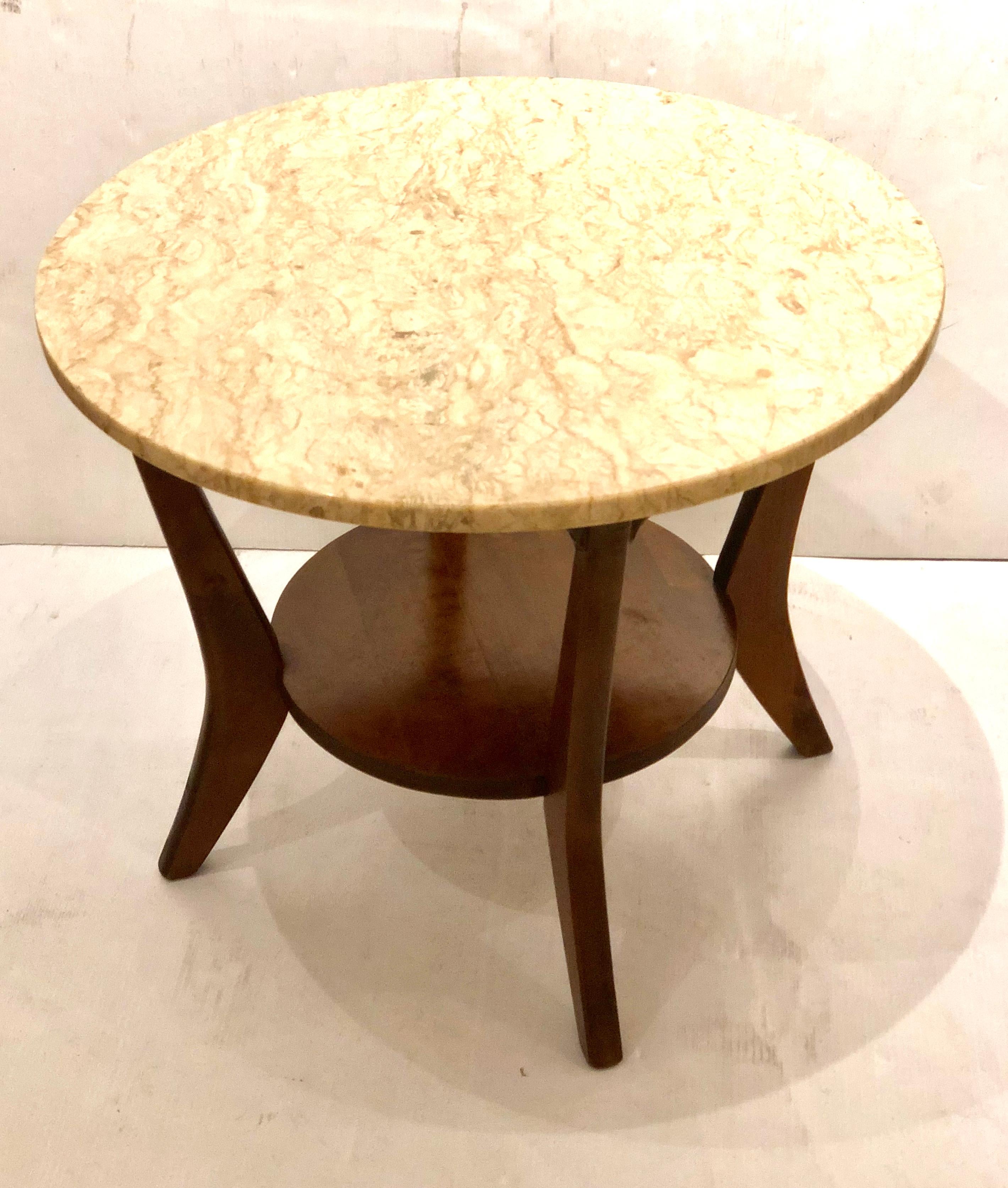 Mid-Century Modern Midcentury Walnut and Marble Round Cocktail Table Atomic Age
