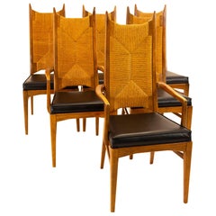 Mid Century Walnut and Rope Dining Chairs, Set of 6