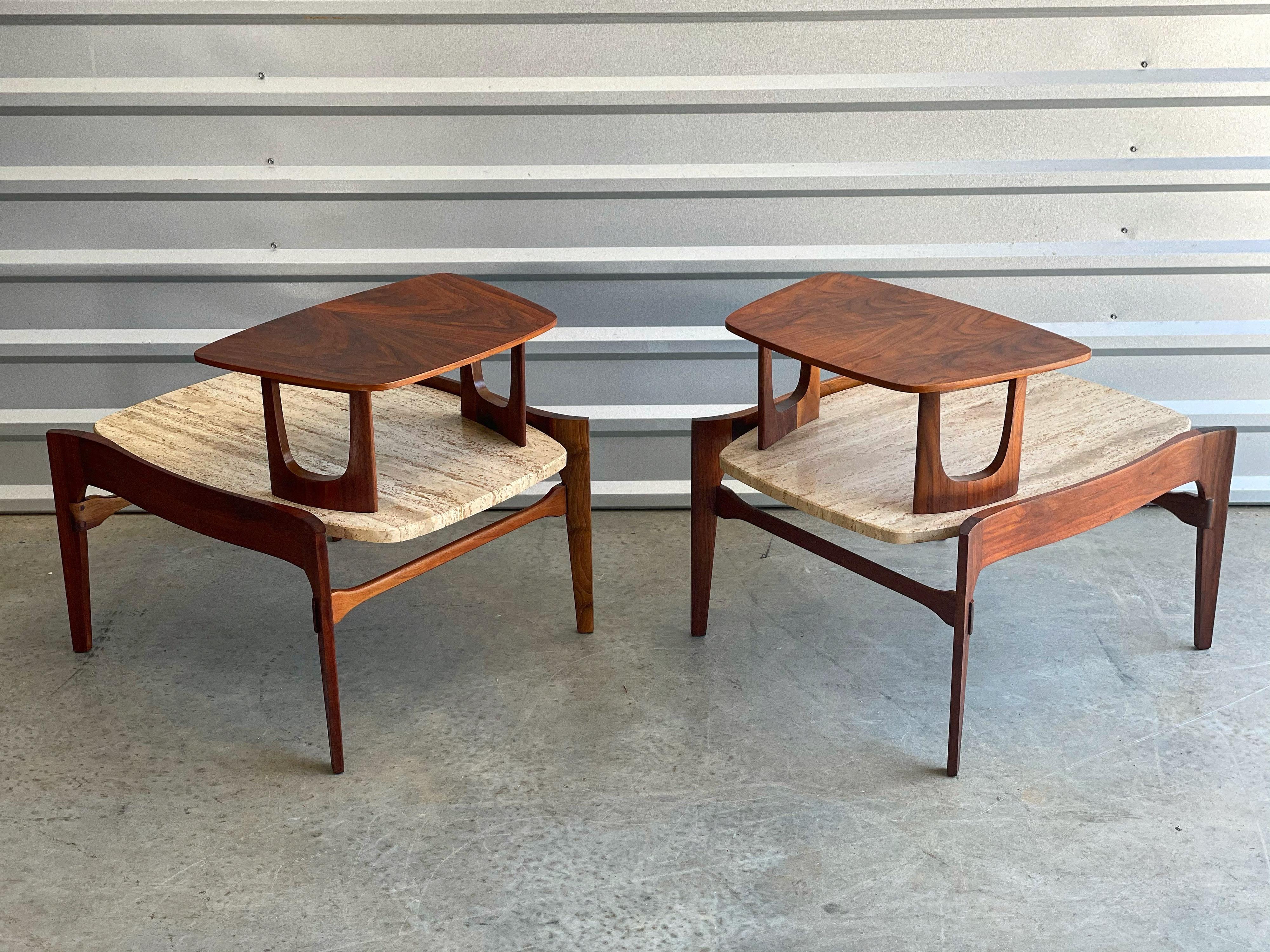 North American Midcentury Walnut and Travertine End Tables, Gordon's Fine Furniture, circa 1959