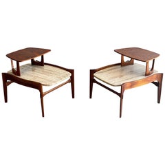 Midcentury Walnut and Travertine End Tables, Gordon's Fine Furniture, circa 1959