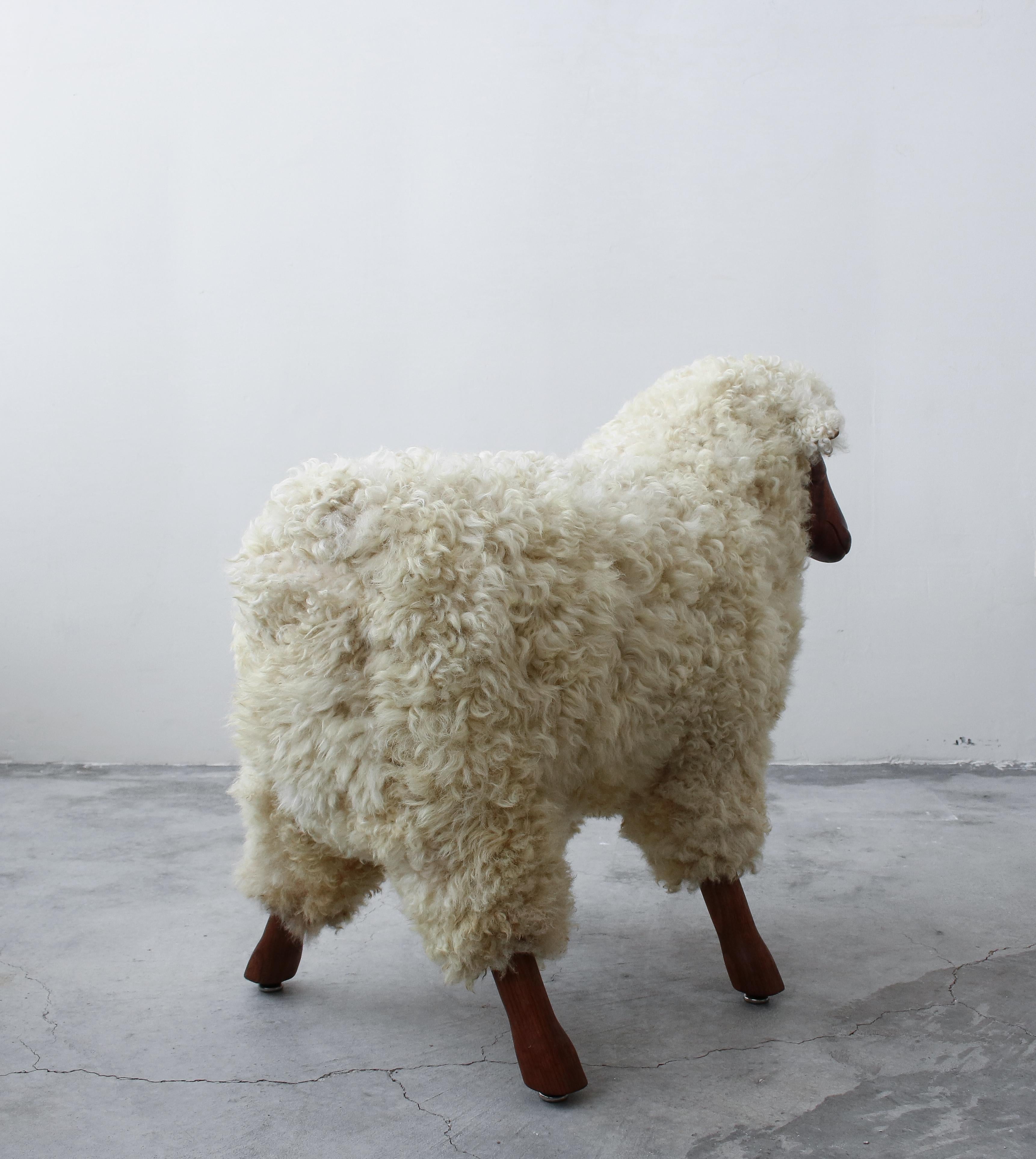 Midcentury Walnut and Wool Sheep Stool Sculpture In Good Condition In Las Vegas, NV