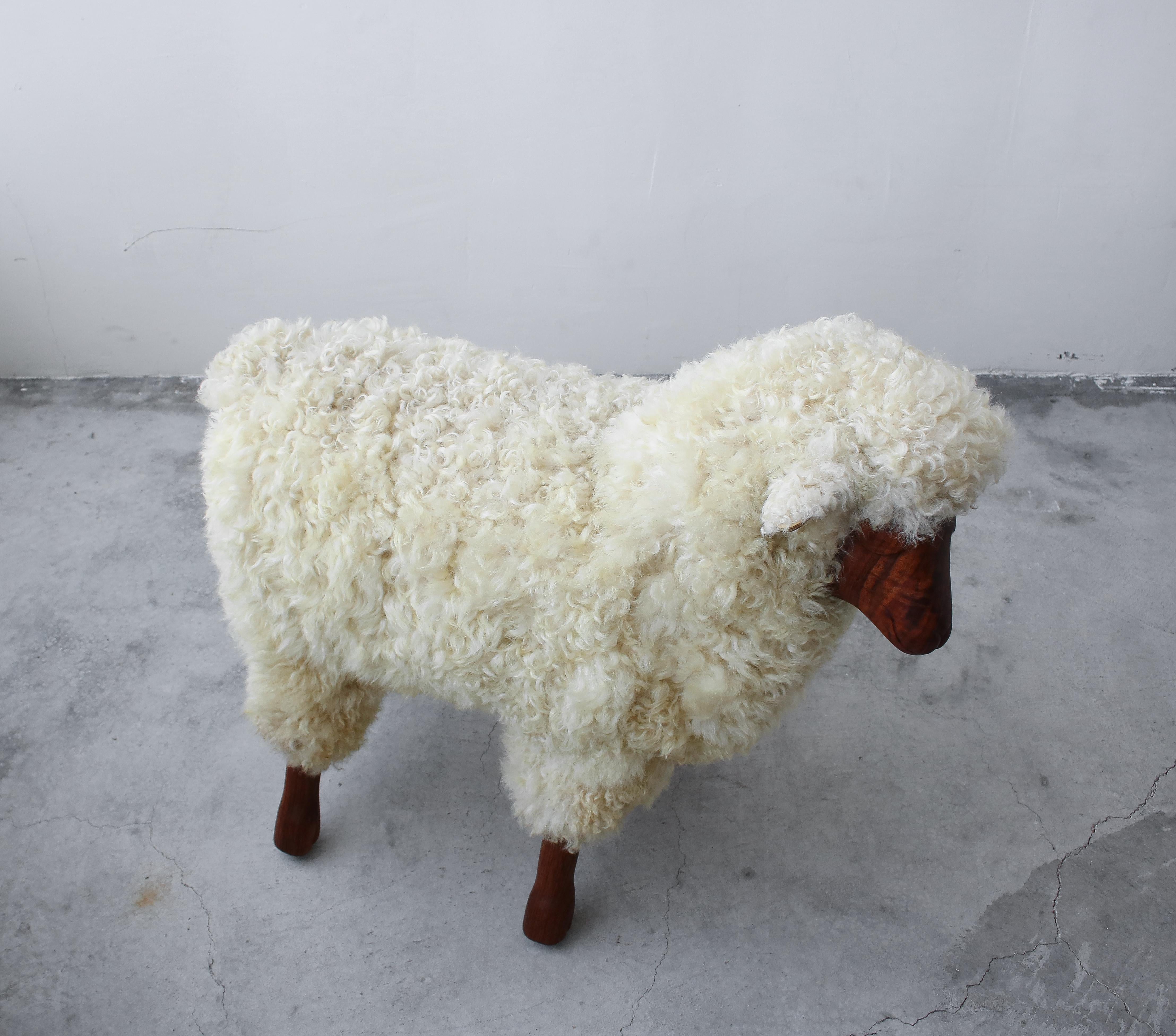 Midcentury Walnut and Wool Sheep Stool Sculpture 1