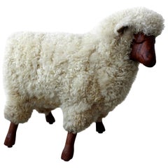 Midcentury Walnut and Wool Sheep Stool Sculpture