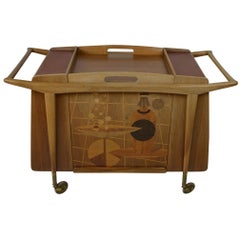 Midcentury Walnut Bar Cart with Abstract Marquetry Panels