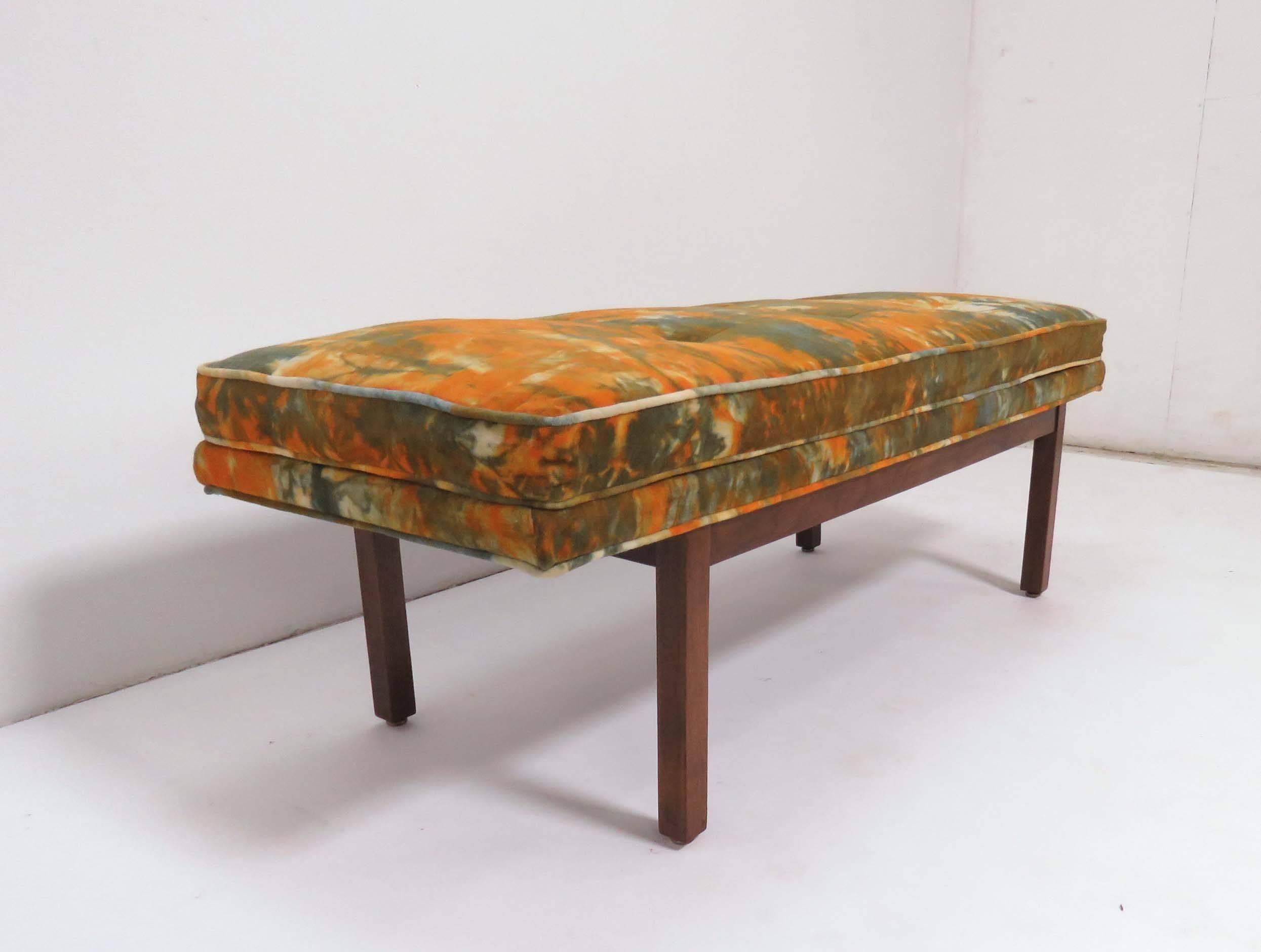 Mid-Century Modern Midcentury Walnut Bench with Original Velvet Tie Dye Upholstery, circa 1960s