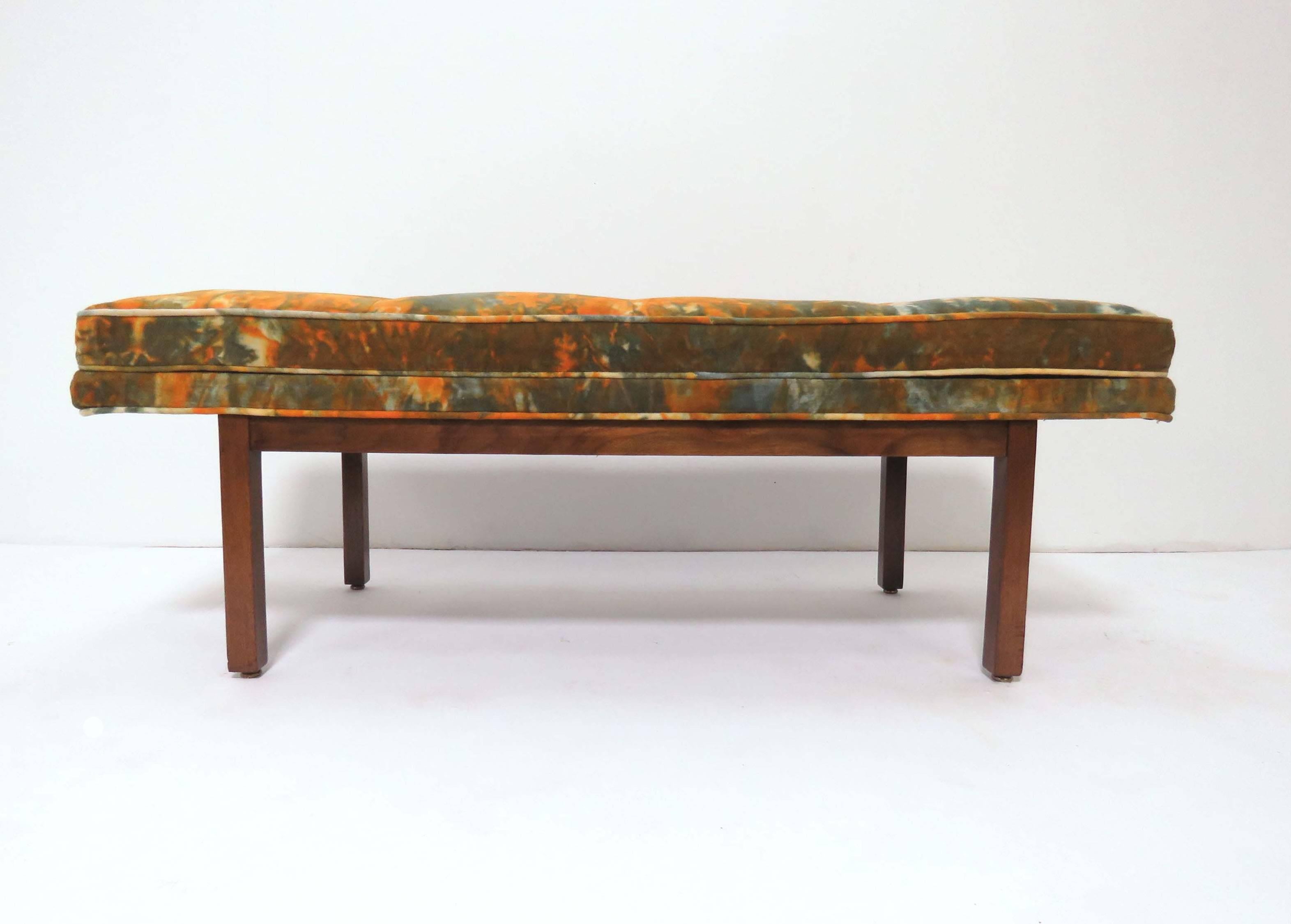 Midcentury Walnut Bench with Original Velvet Tie Dye Upholstery, circa 1960s In Good Condition In Peabody, MA