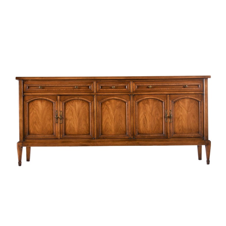 Midcentury Walnut Brass Accent Sideboard Credenza by White Fine