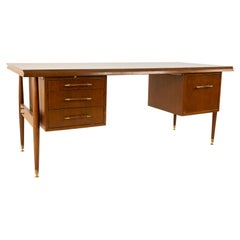 Mid Century Walnut Brass and Formica Double Sided Executive Desk