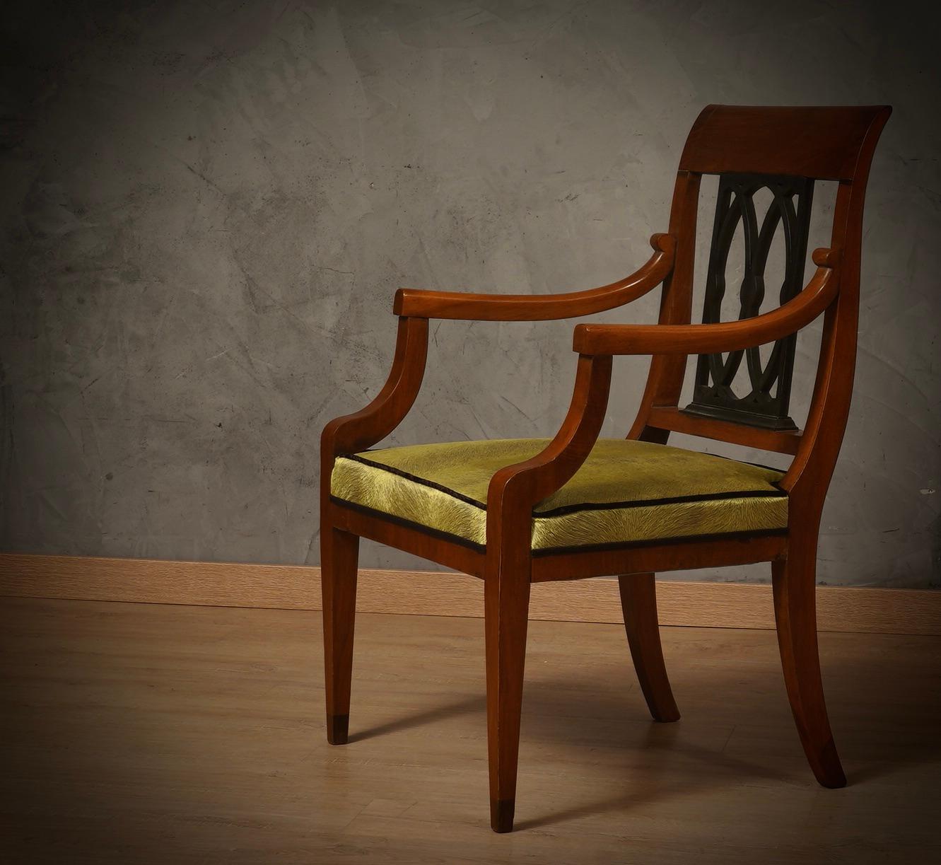 Austrian In The Style Biedermeier Walnut Wood and Velvet Dinning Room ArmChairs, 1940