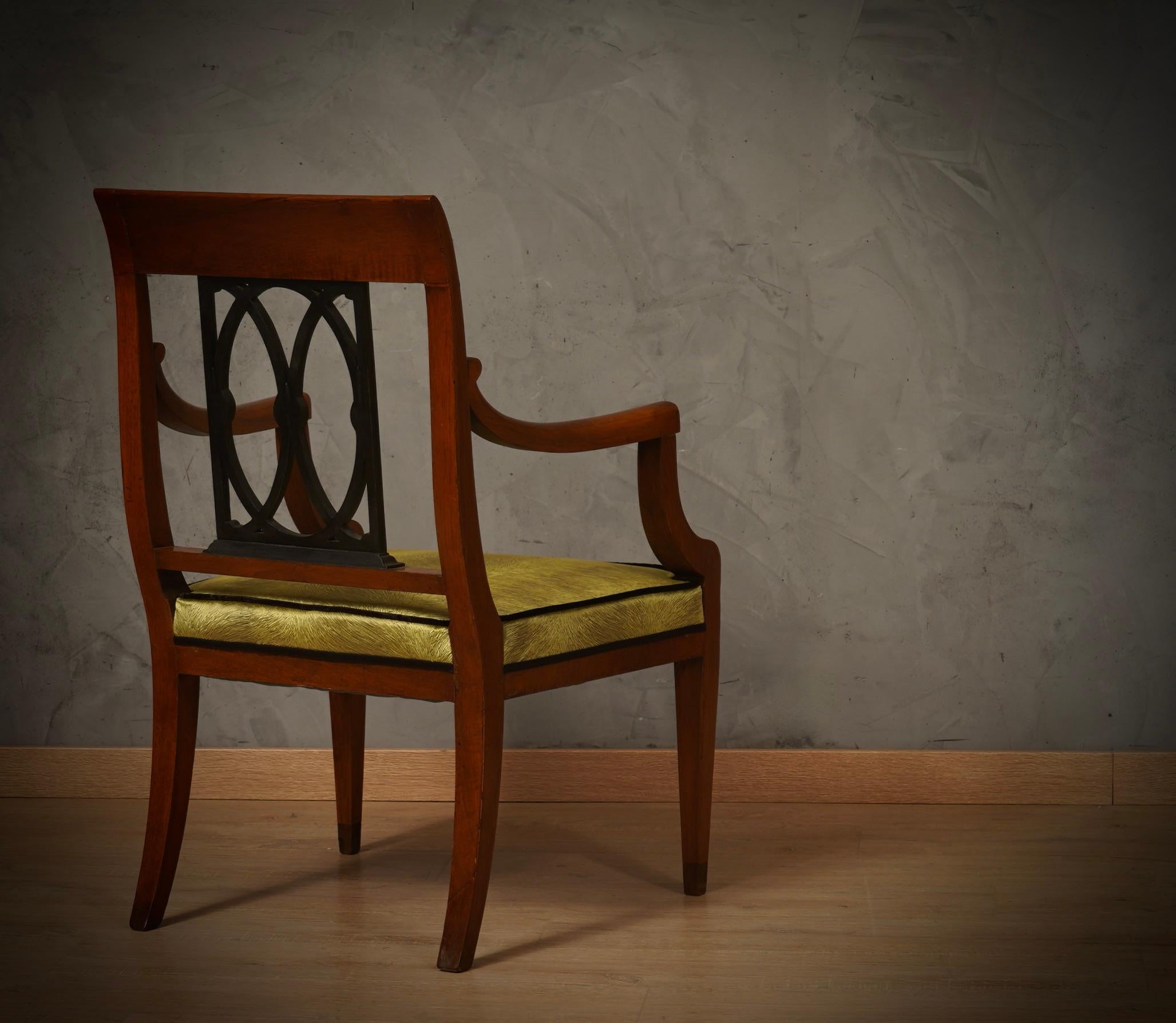 In The Style Biedermeier Walnut Wood and Velvet Dinning Room ArmChairs, 1940 1