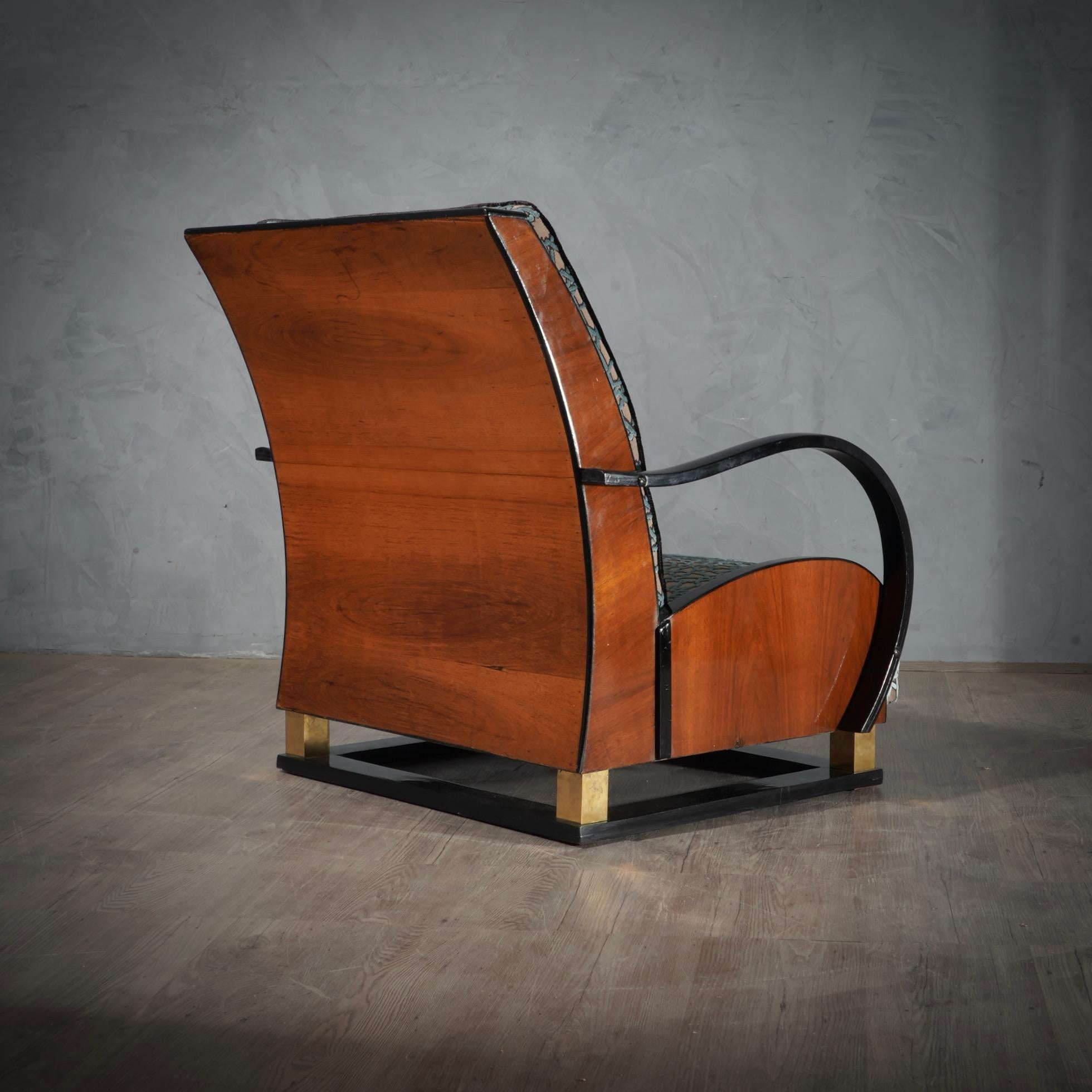 MidCentury Walnut Brass and Velvet Italian Club Chair Armchairs, 1940 For Sale 5