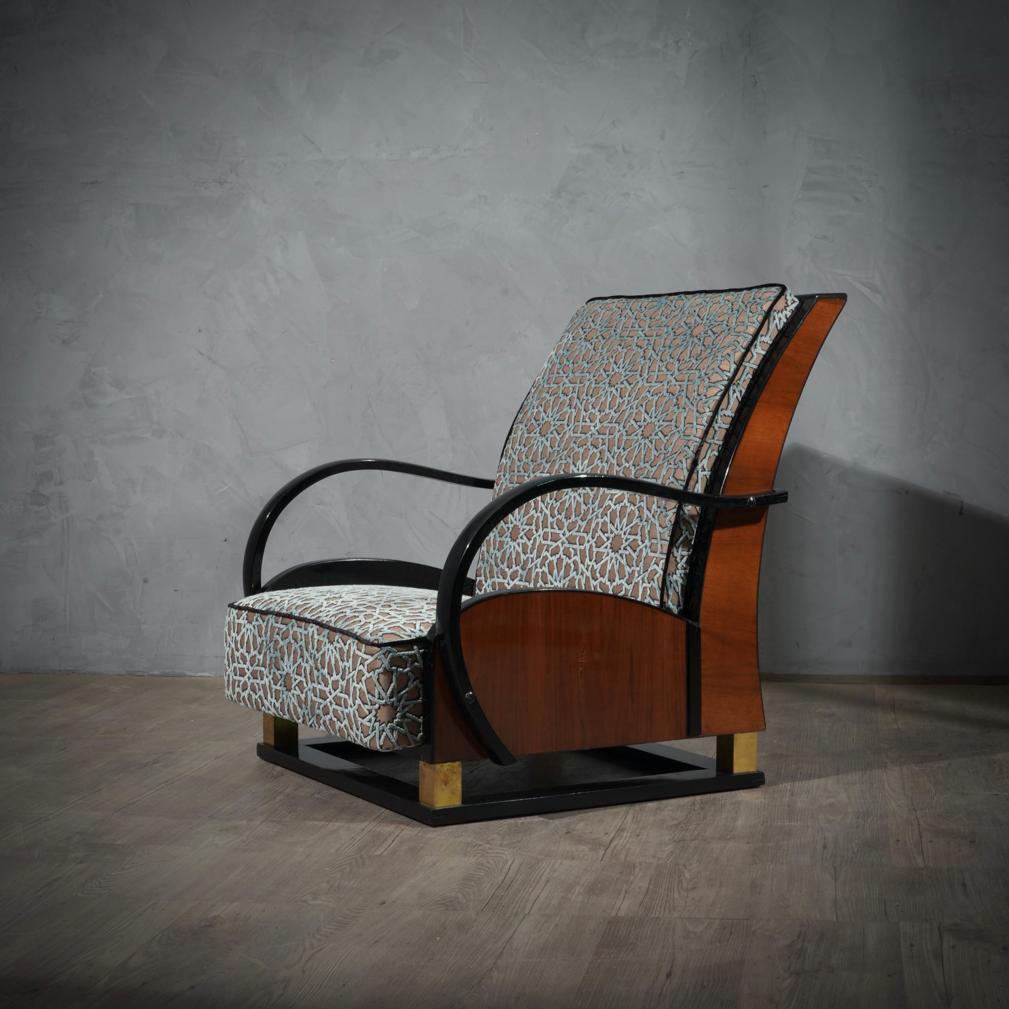 MidCentury Walnut Brass and Velvet Italian Club Chair Armchairs, 1940 6