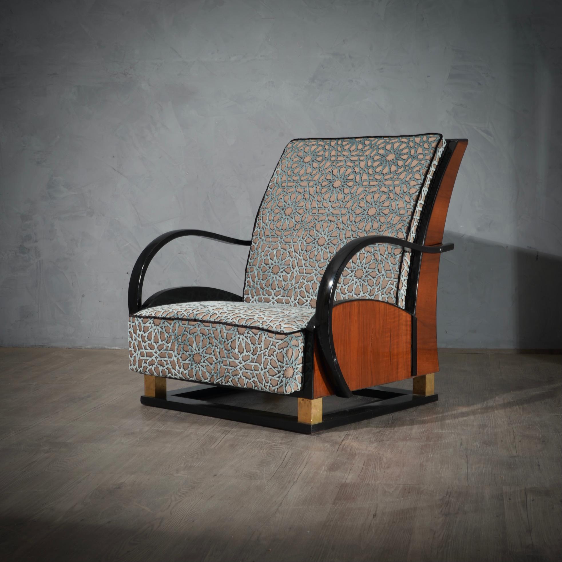 Mid-Century Modern MidCentury Walnut Brass and Velvet Italian Club Chair Armchairs, 1940 For Sale