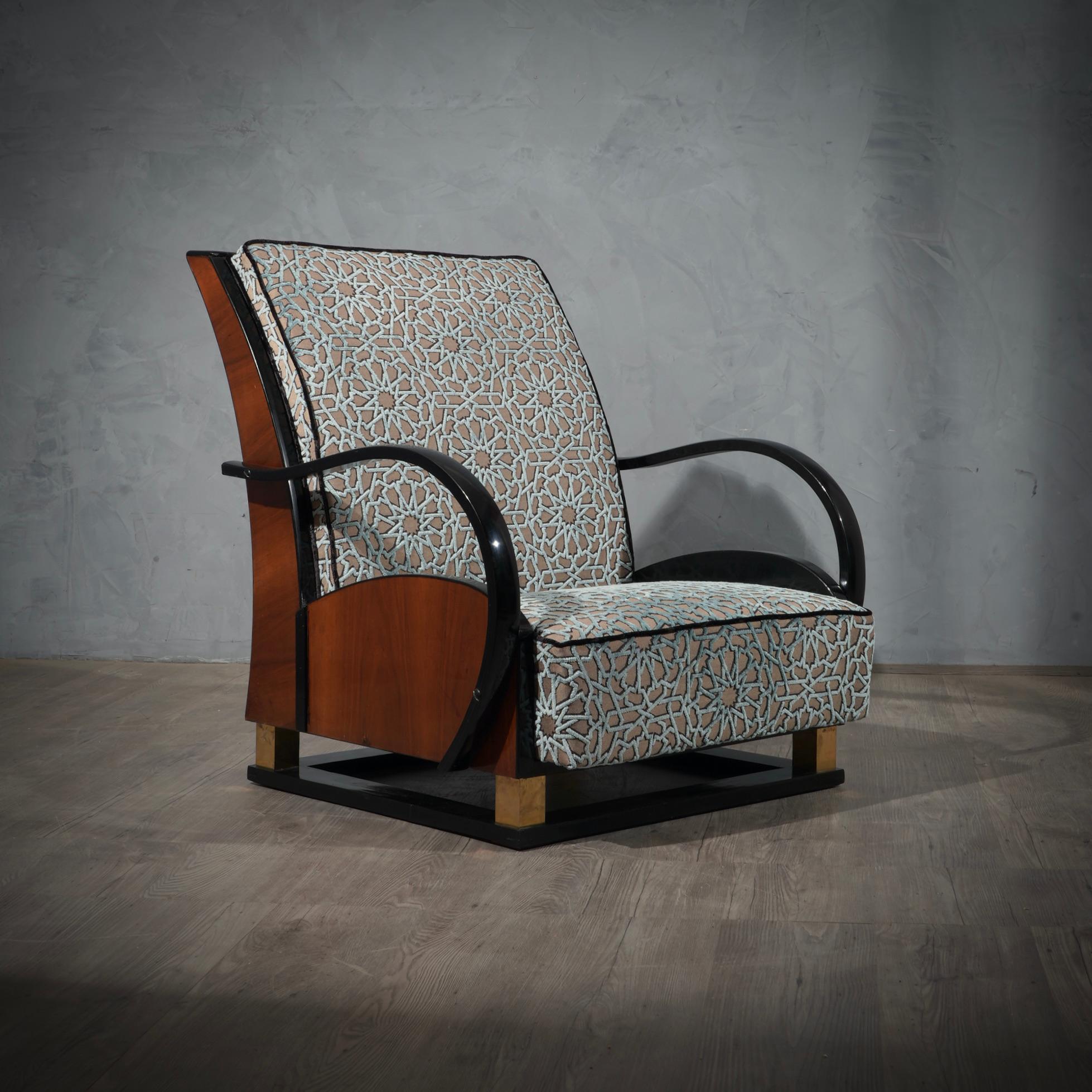 MidCentury Walnut Brass and Velvet Italian Club Chair Armchairs, 1940 3