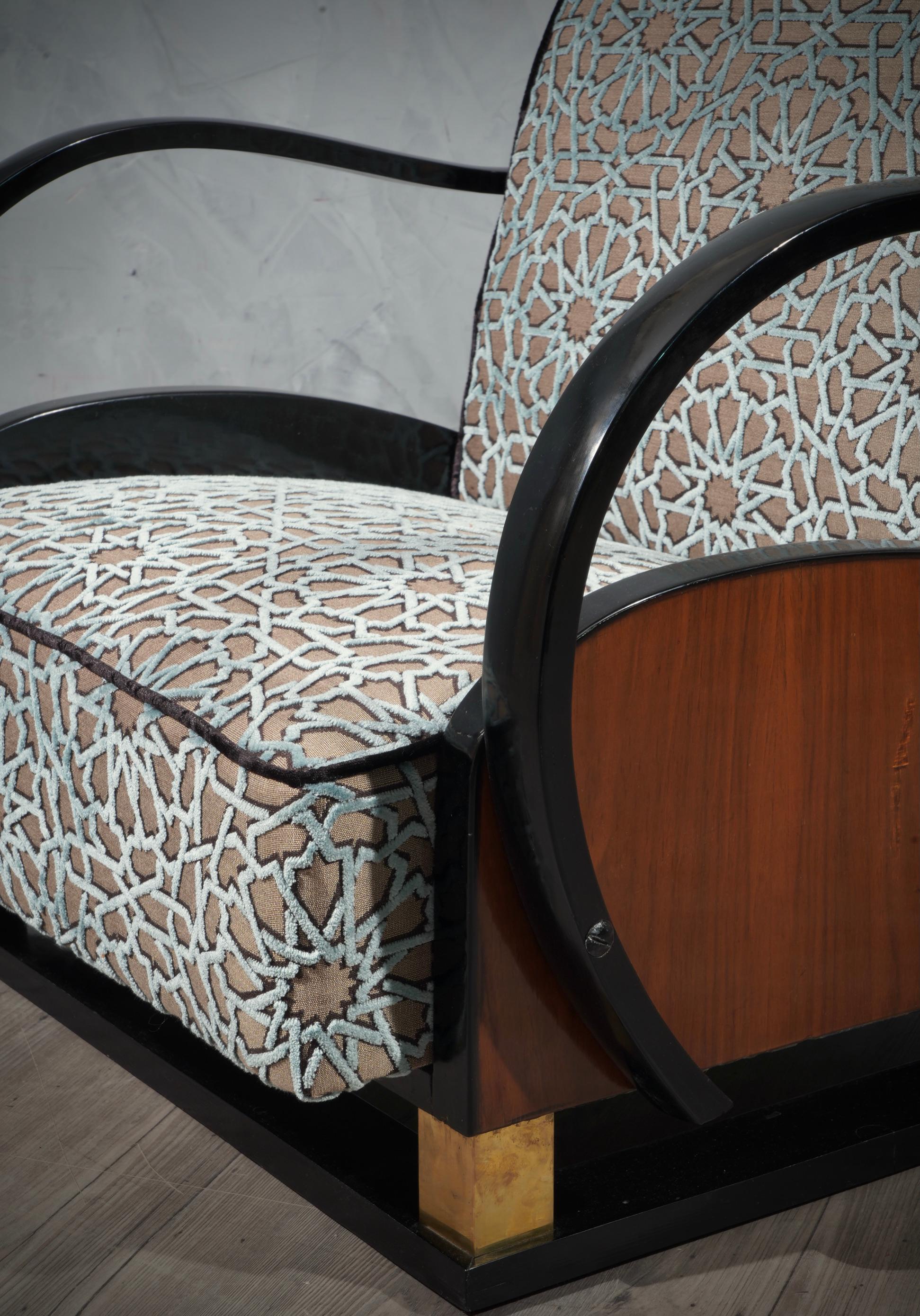 Mid-20th Century MidCentury Walnut Brass and Velvet Italian Club Chair Armchairs, 1940