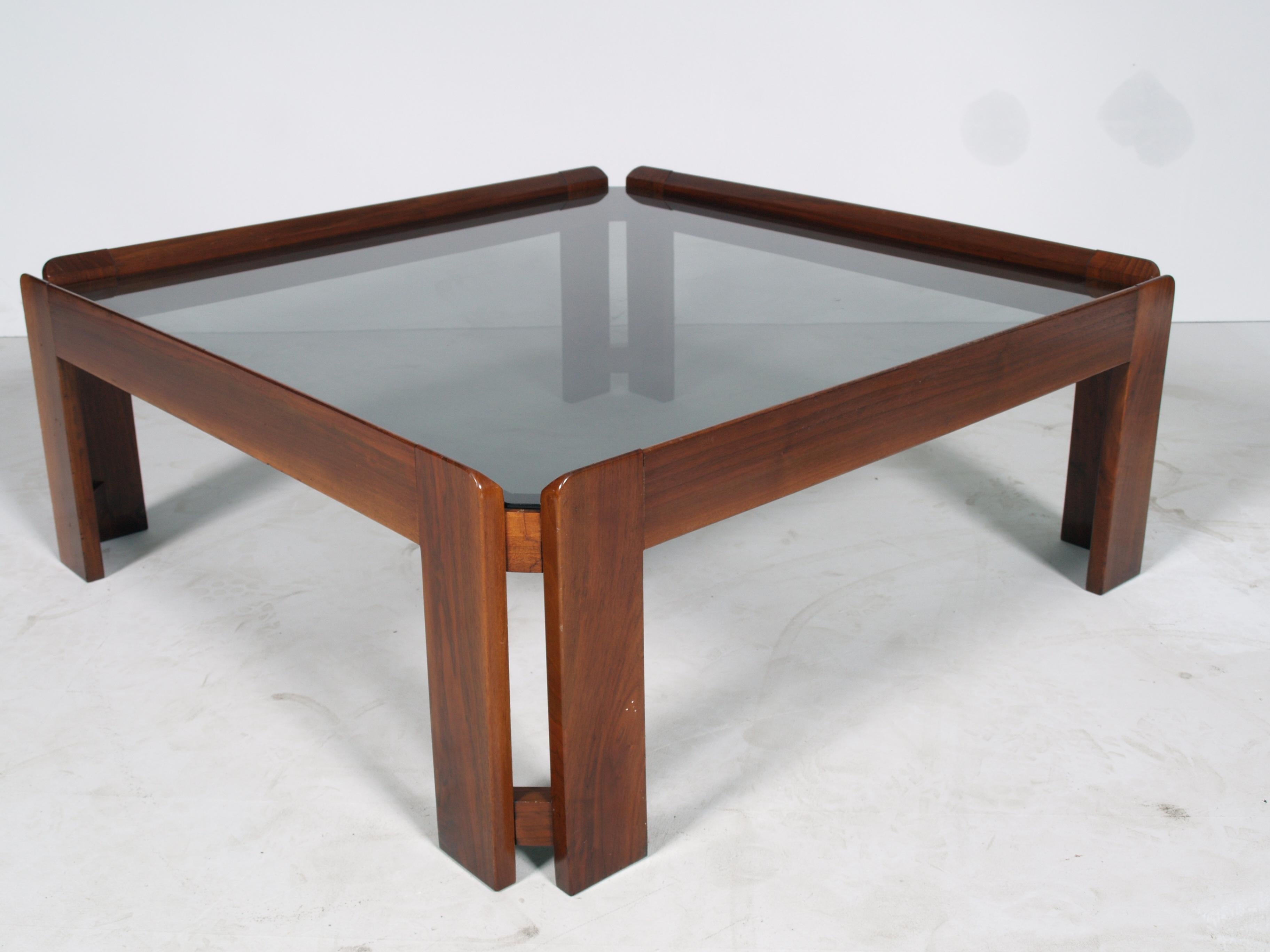 Italian Postmodern Walnut Coffee Table Top Cristal Fumè, Afra & Tobia Scarpa for Cassina