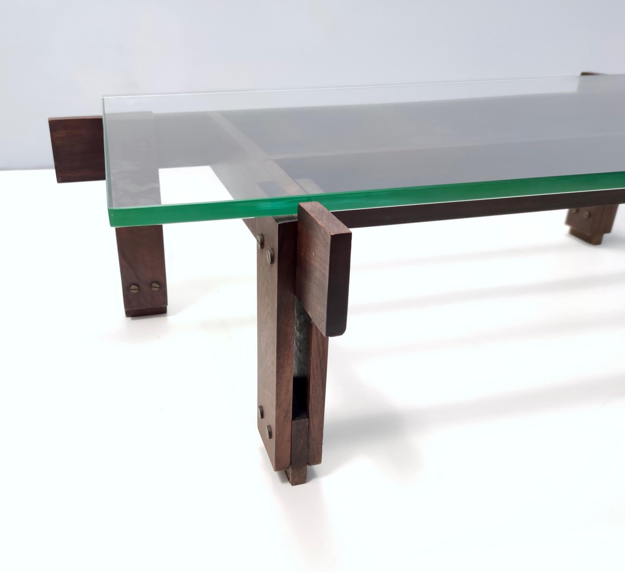 Vintage Walnut Coffee Table with Glass Top Attributed to Ico Parisi, Italy For Sale 3
