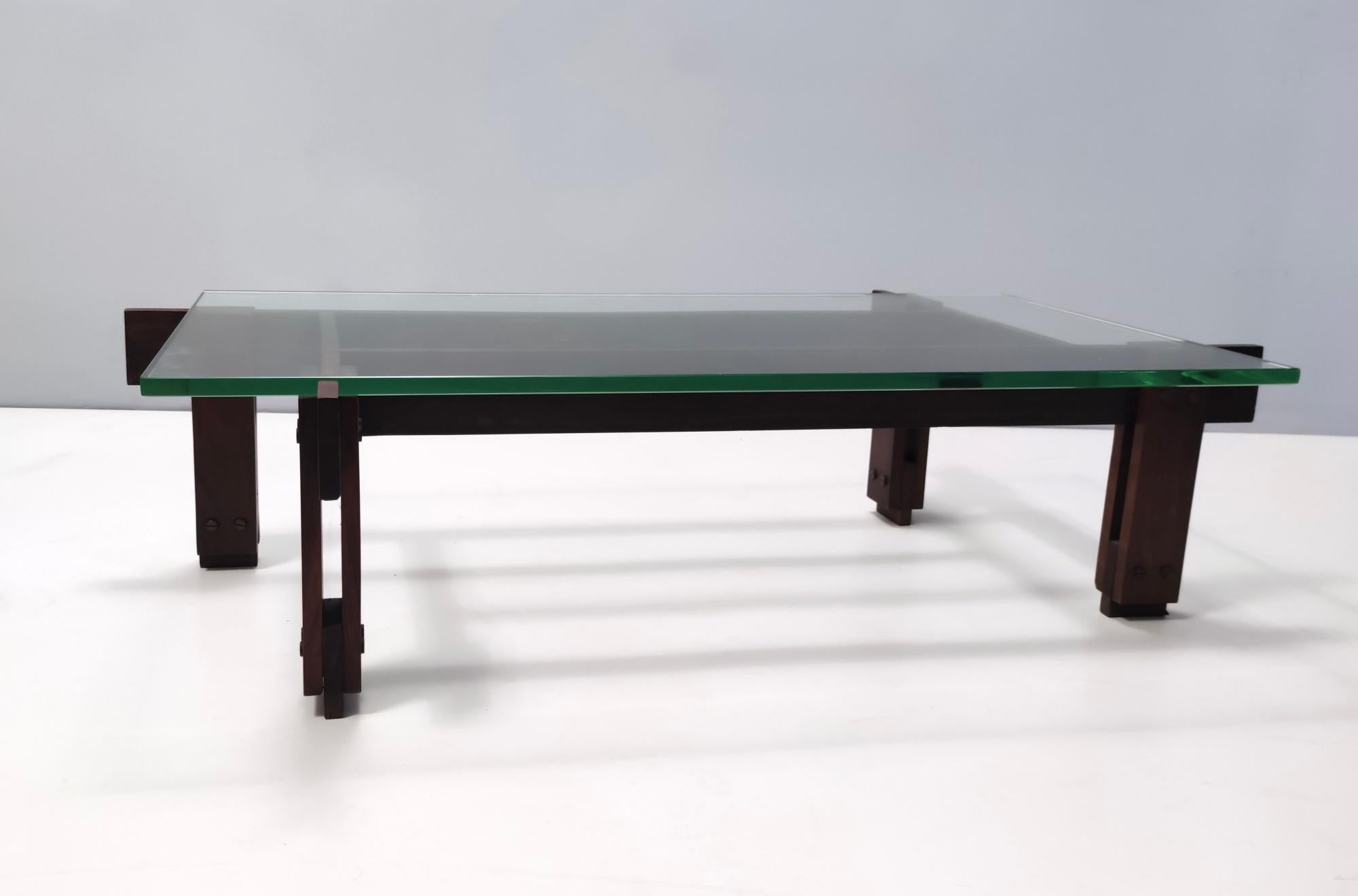 Vintage Walnut Coffee Table with Glass Top Attributed to Ico Parisi, Italy For Sale 1