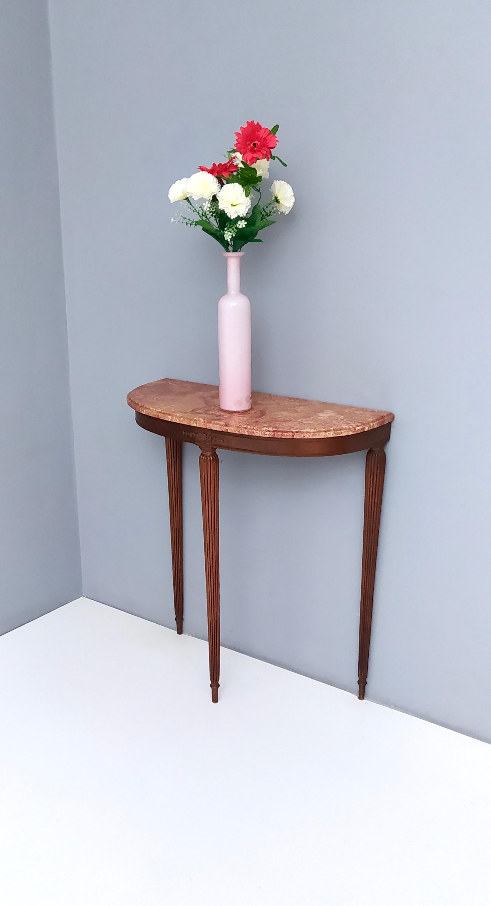 Italian Midcentury Walnut Console Table with Red Travertine Marble Top, Italy, 1960s