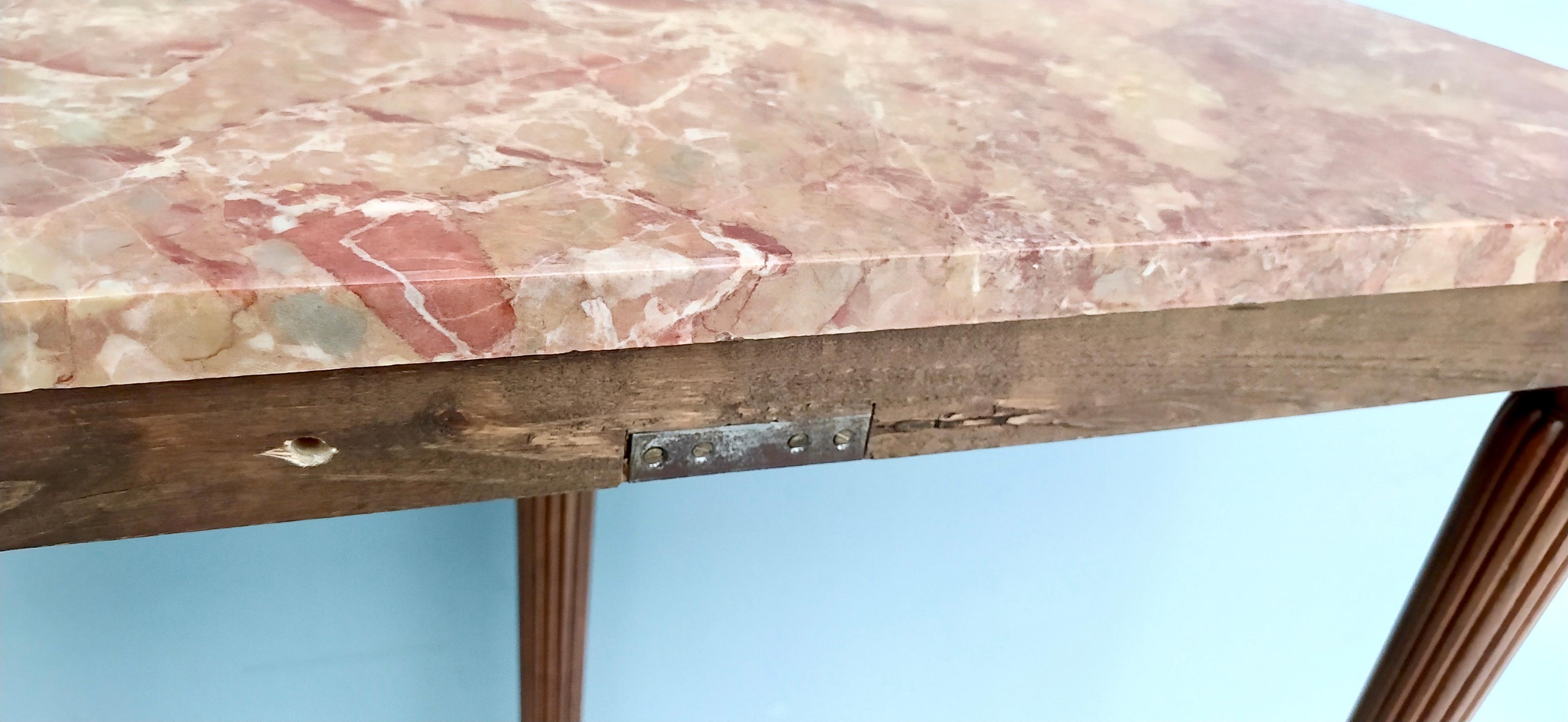 Midcentury Walnut Console Table with Red Travertine Marble Top, Italy, 1960s 1