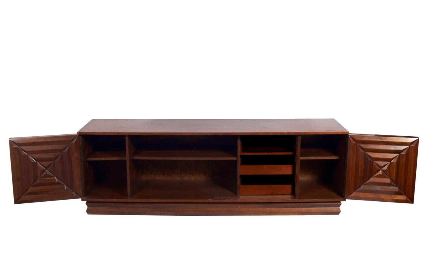 Mid-Century Modern Midcentury Walnut Credenza with Geometric Carved Doors