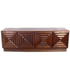 Midcentury Walnut Credenza with Geometric Carved Doors