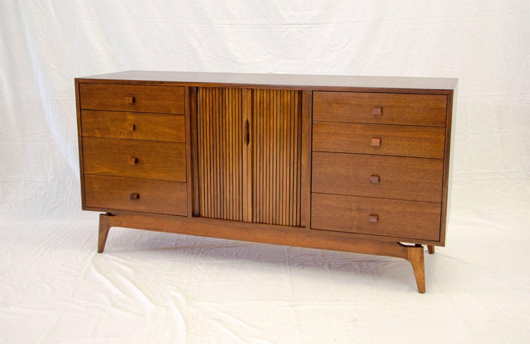 Midcentury Walnut Dresser Or Chest With Tambour Doors And Drawers