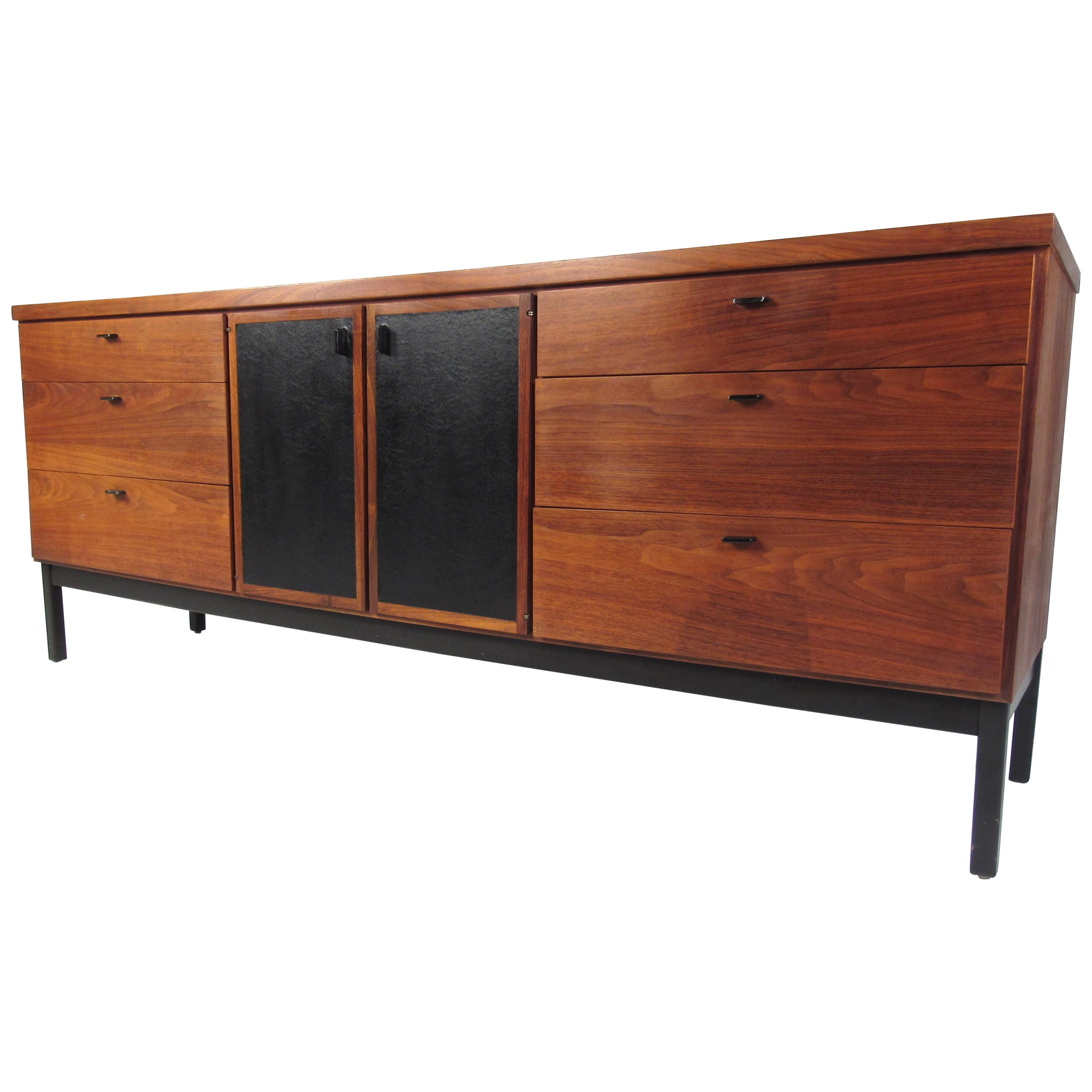 Midcentury Walnut Dresser with a Leather Front For Sale