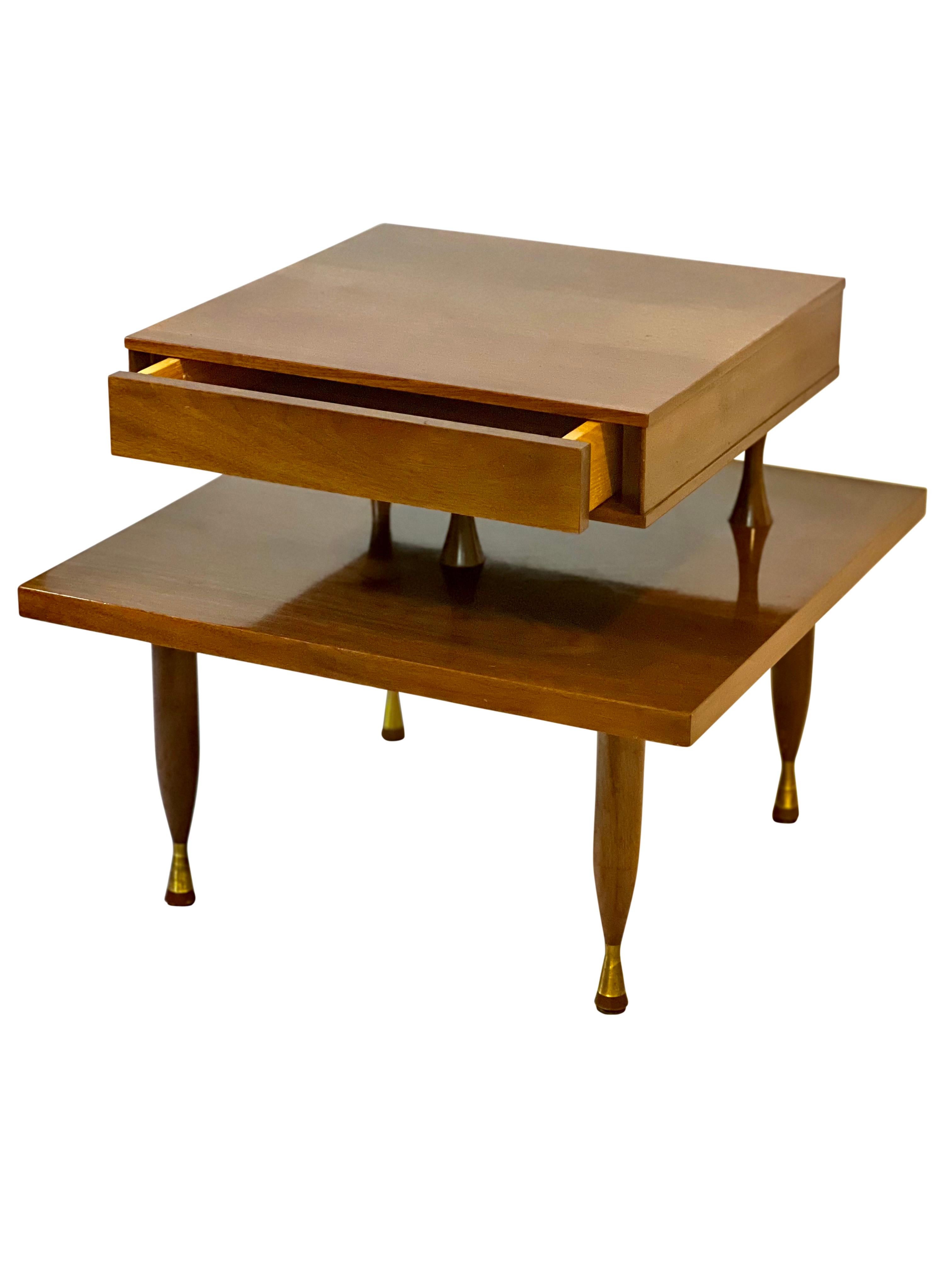 Mid-Century Modern Vintage Widdicomb Style Walnut Floating Two Tier Side Table  For Sale